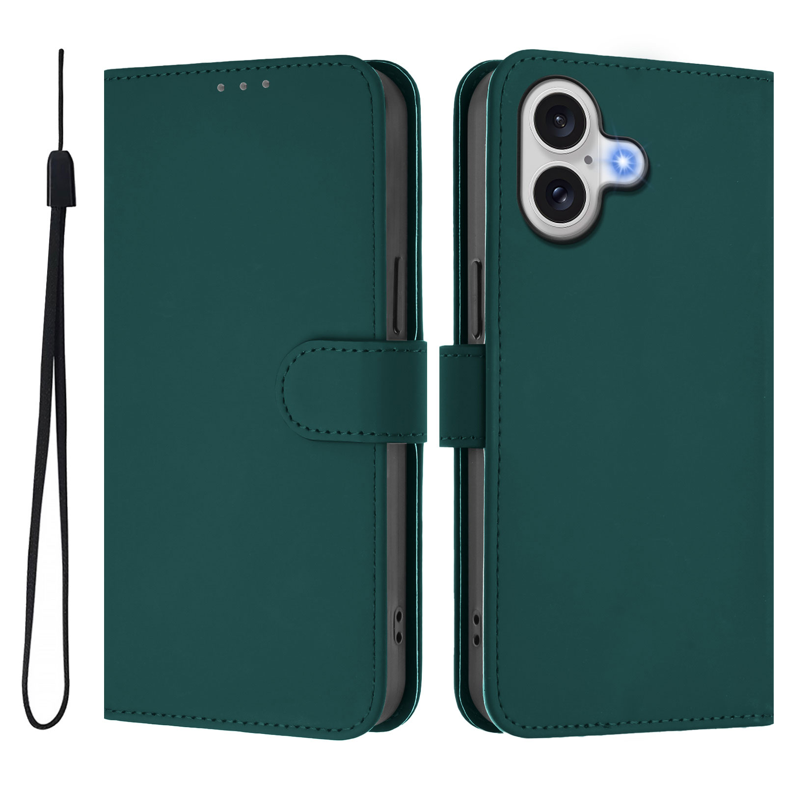 For iPhone 17 Case Solid Color Wallet Leather Phone Cover with Strap - Dark Green