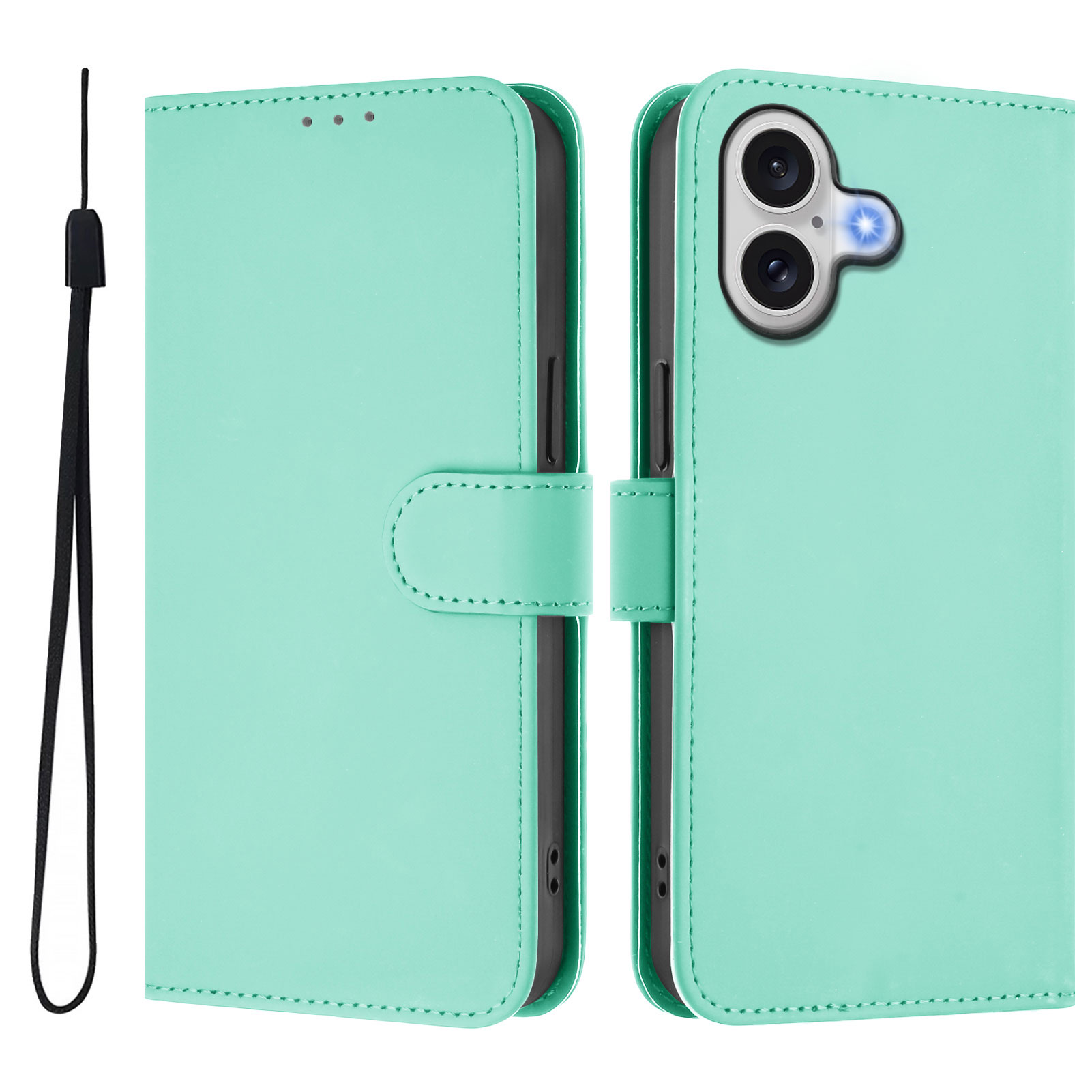 For iPhone 17 Case Solid Color Wallet Leather Phone Cover with Strap - Mint Green