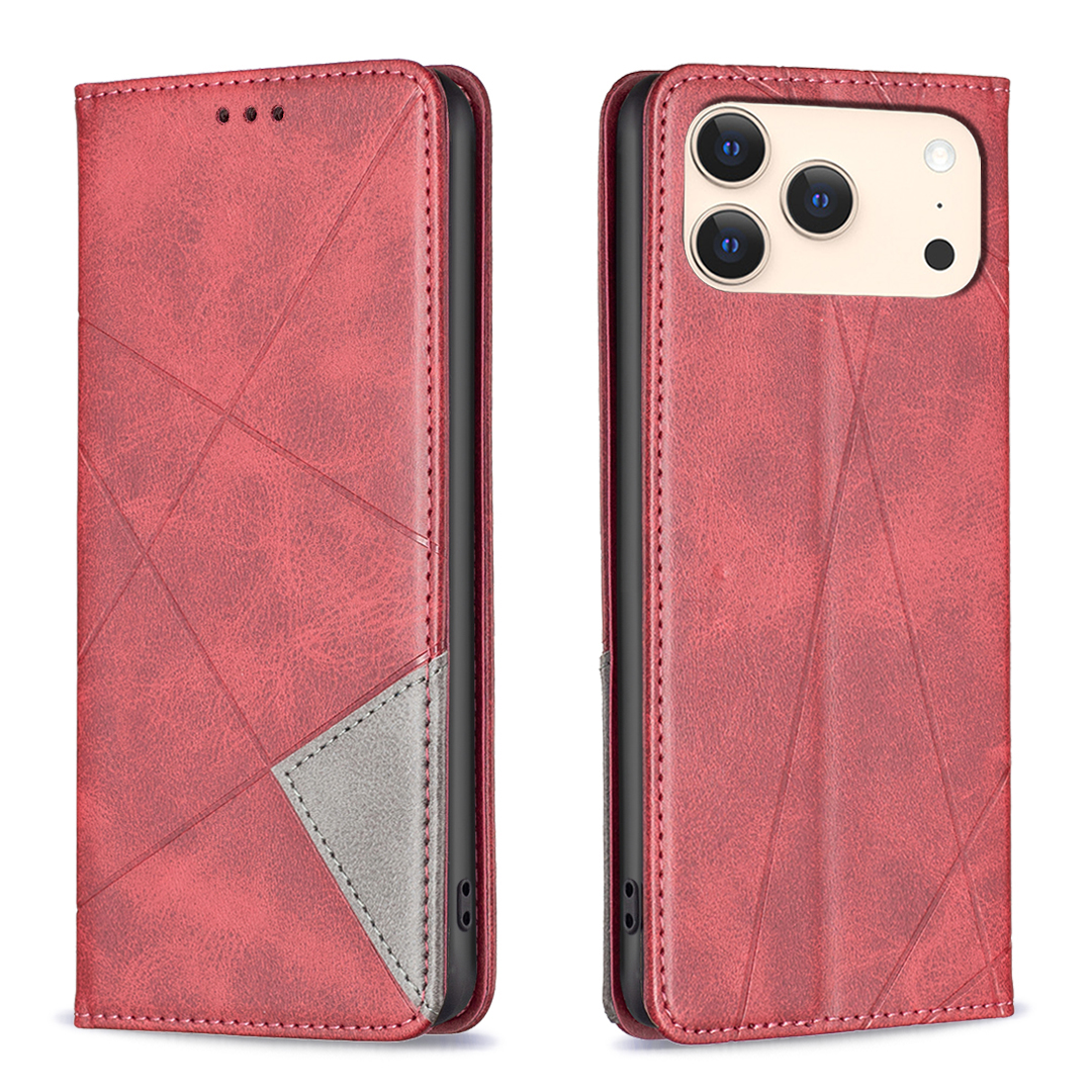For iPhone 17 Pro Max Case Card Slots Geometry Imprint Leather Phone Cover - Red