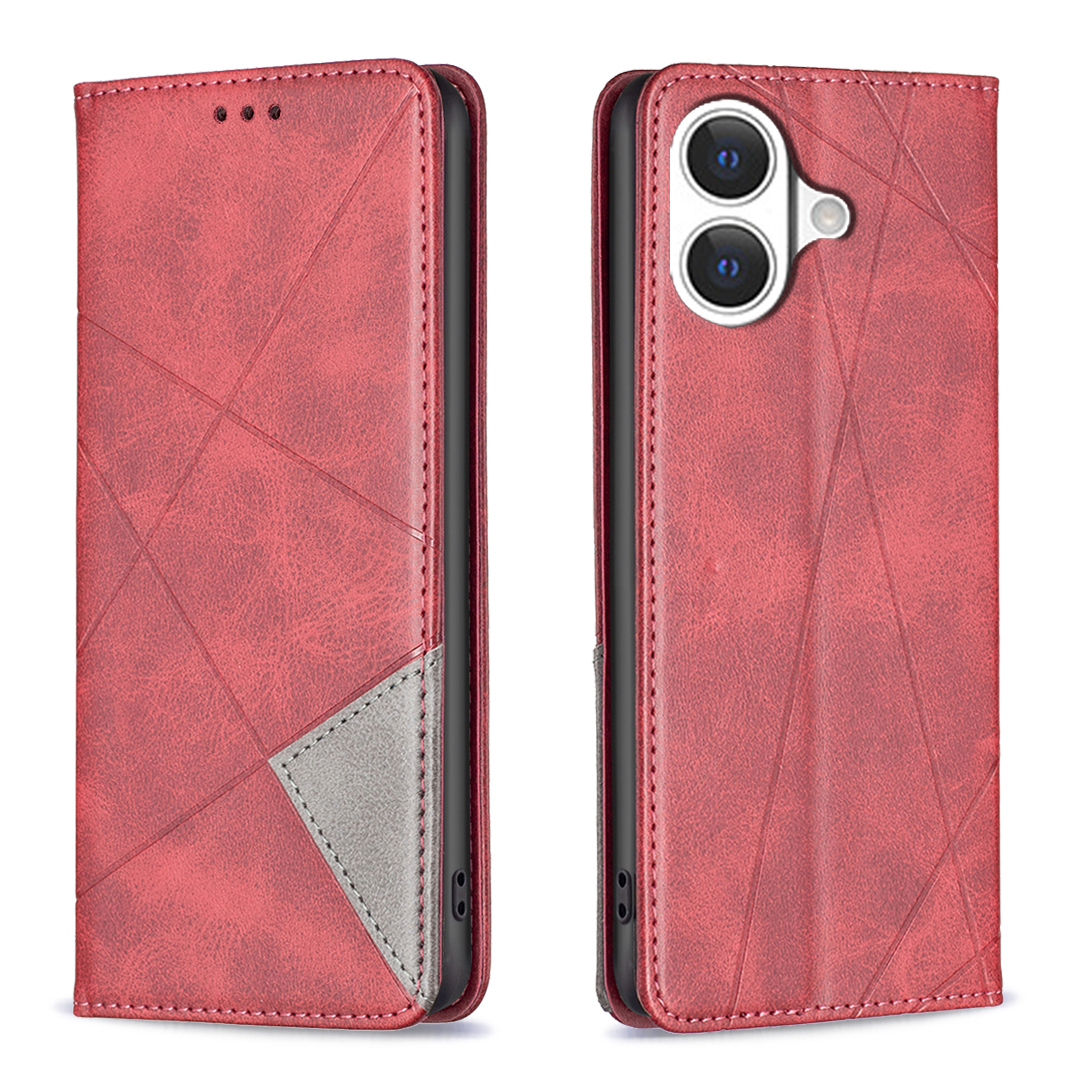 For iPhone 17 Case Card Slots Geometry Imprint Leather Phone Cover - Red