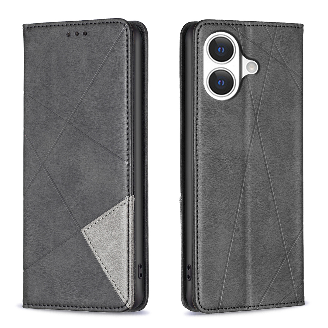 For iPhone 17 Case Card Slots Geometry Imprint Leather Phone Cover - Black