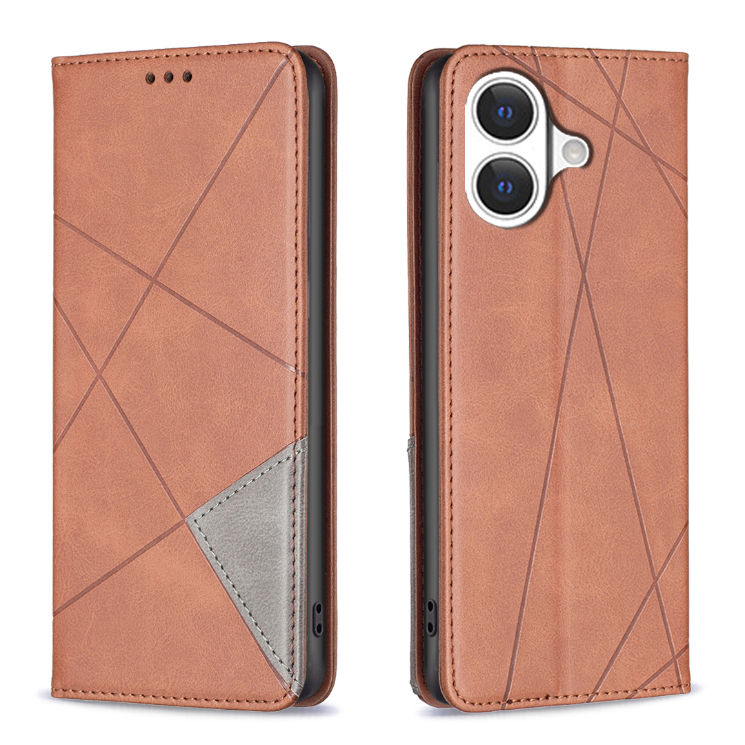 For iPhone 17 Case Card Slots Geometry Imprint Leather Phone Cover - Brown