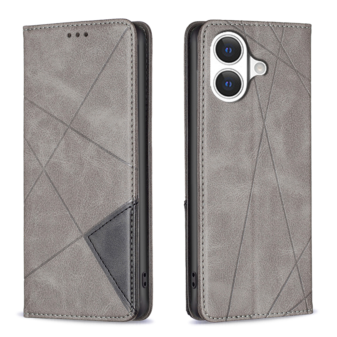 For iPhone 17 Case Card Slots Geometry Imprint Leather Phone Cover - Grey