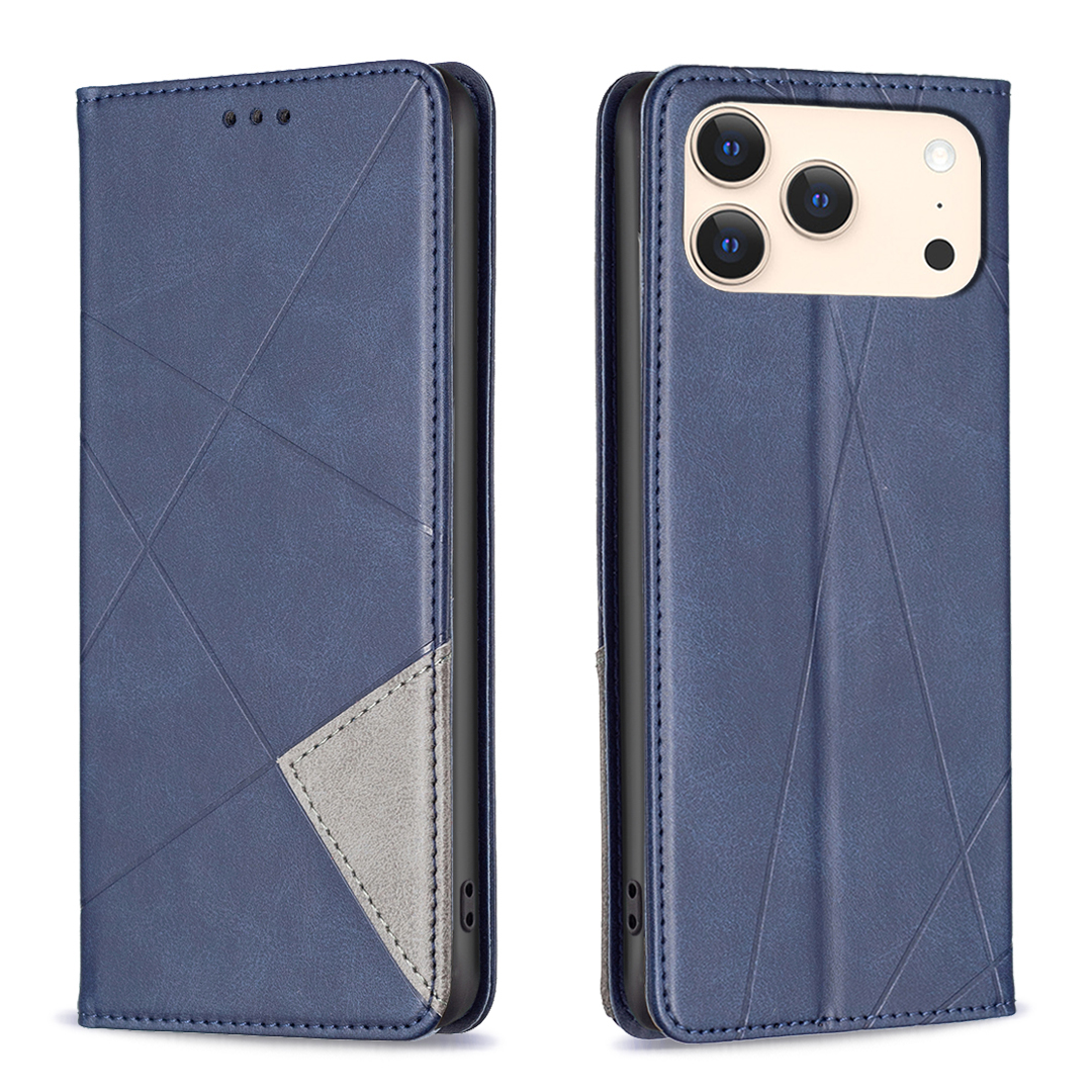 For iPhone 17 Pro Case Card Slots Geometry Imprint Leather Phone Cover - Blue