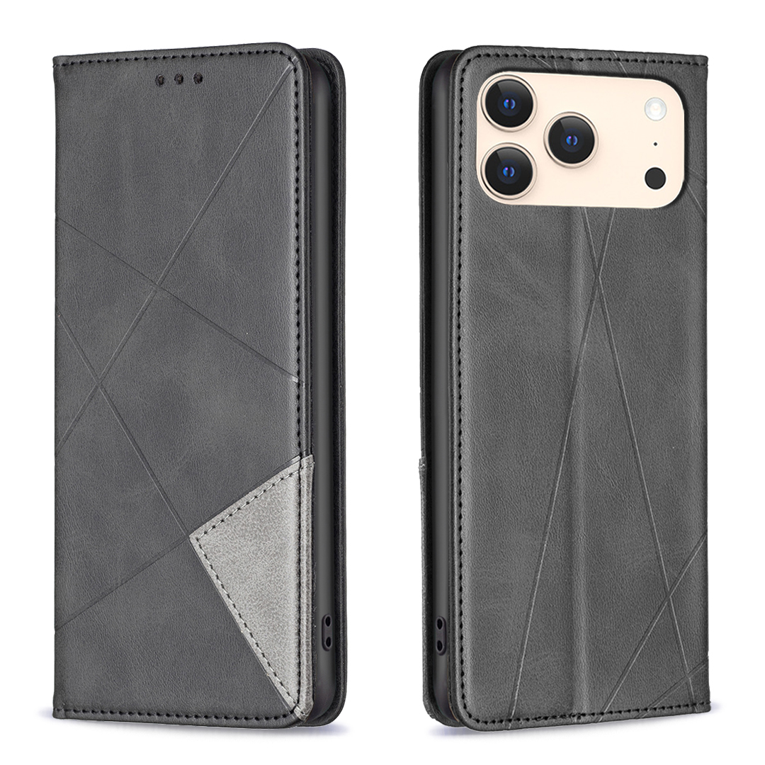 For iPhone 17 Pro Case Card Slots Geometry Imprint Leather Phone Cover - Black