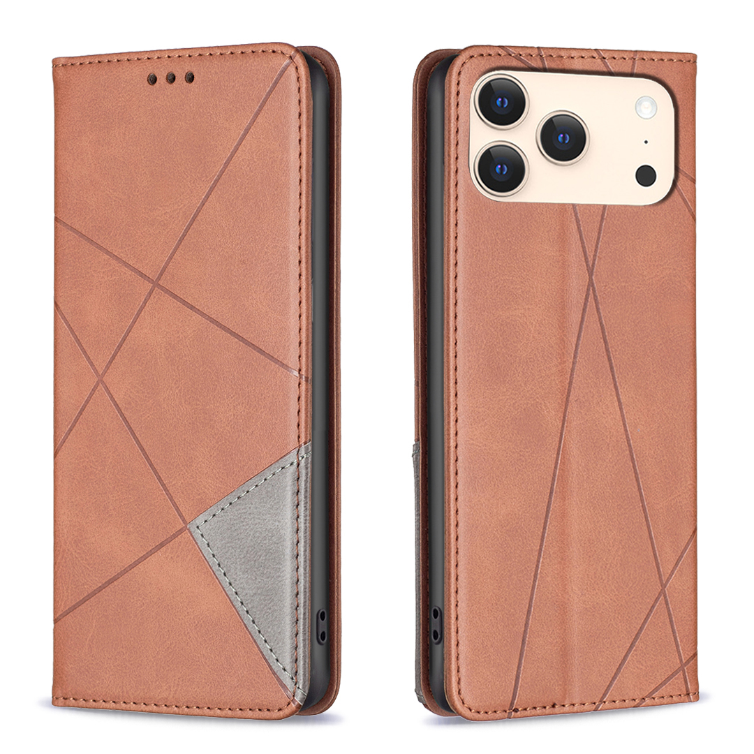 For iPhone 17 Pro Case Card Slots Geometry Imprint Leather Phone Cover - Brown