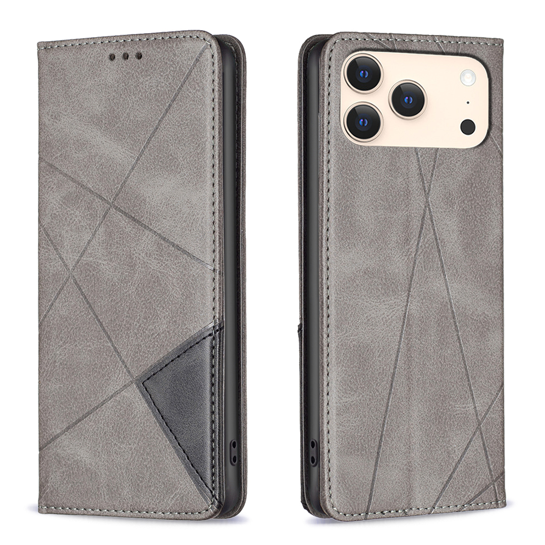 For iPhone 17 Pro Case Card Slots Geometry Imprint Leather Phone Cover - Grey