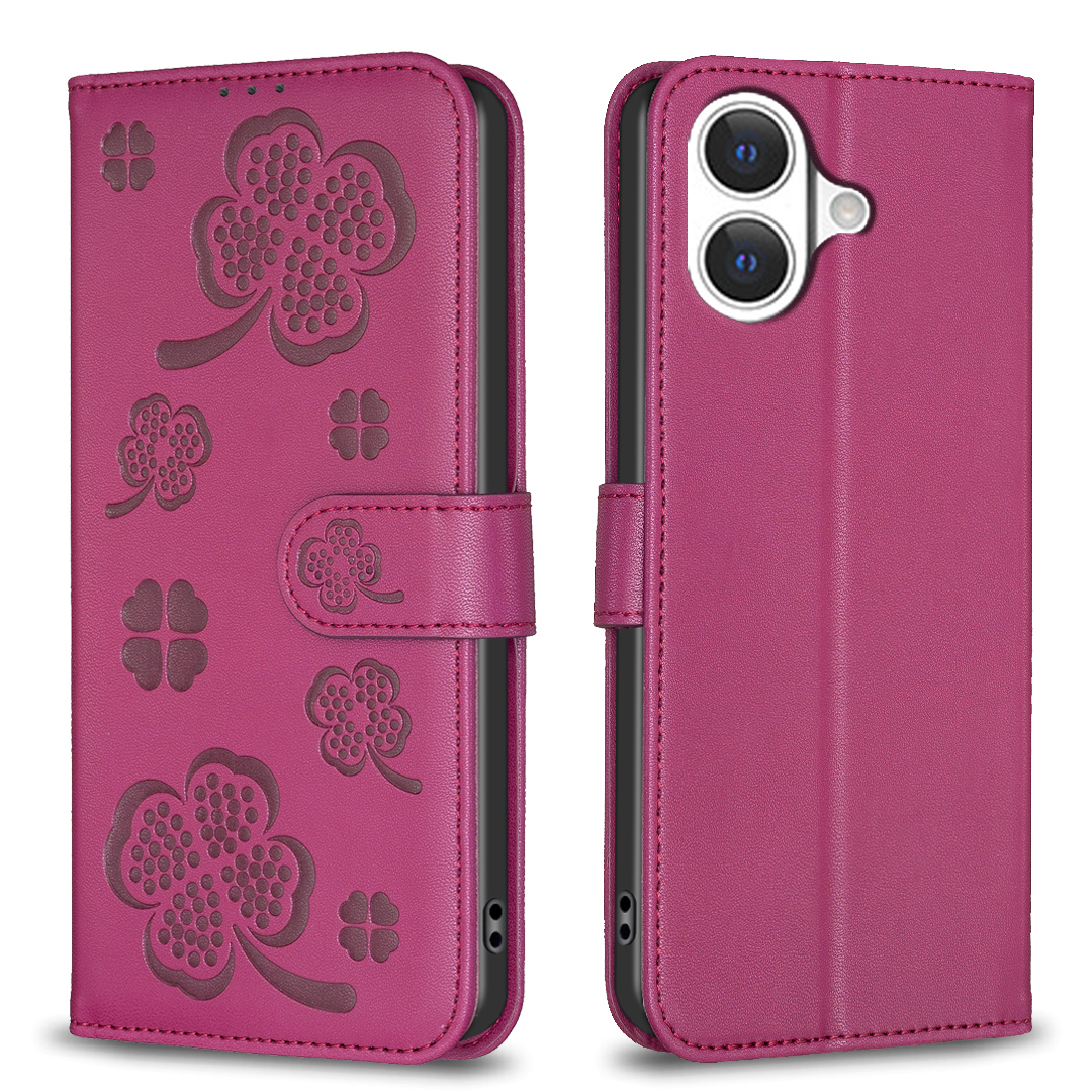 For iPhone 17 Case Clover Pattern Wallet Stand View Leather Phone Cover - Rose