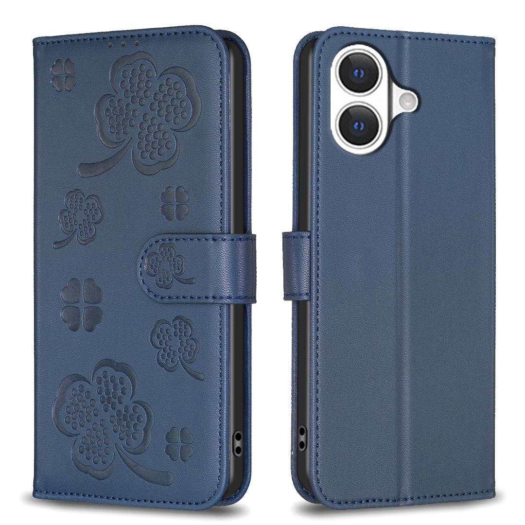 For iPhone 17 Case Clover Pattern Wallet Stand View Leather Phone Cover - Blue
