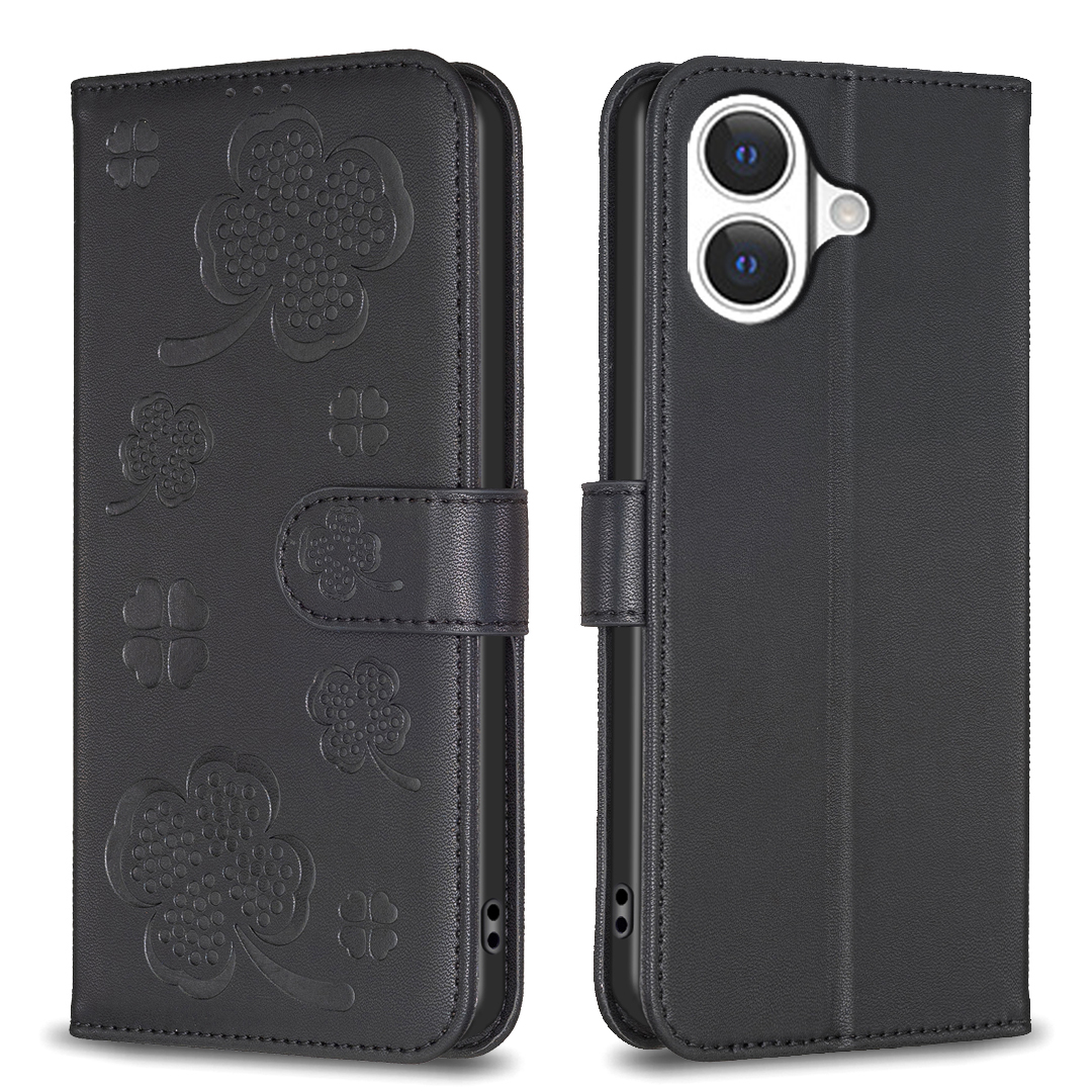 For iPhone 17 Case Clover Pattern Wallet Stand View Leather Phone Cover - Black