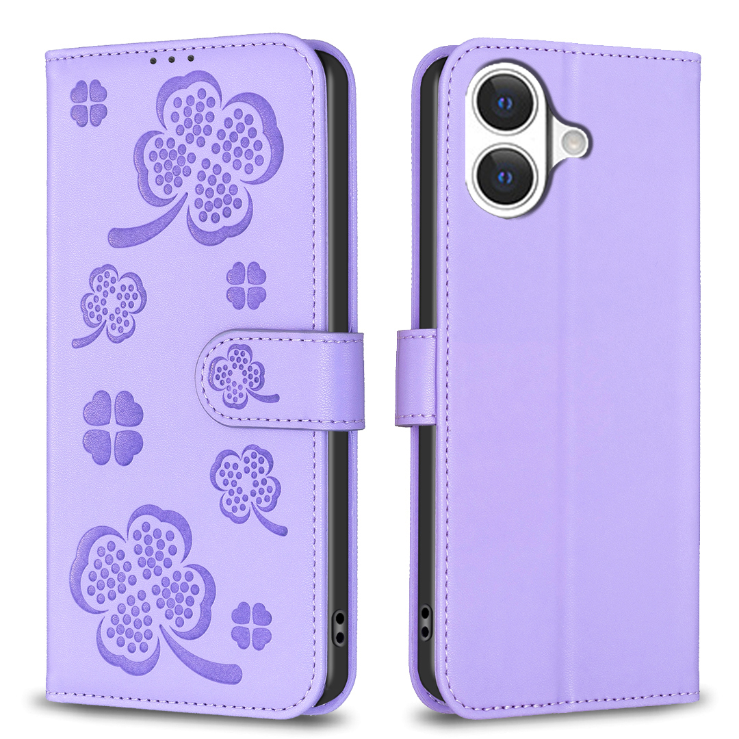 For iPhone 17 Case Clover Pattern Wallet Stand View Leather Phone Cover - Purple