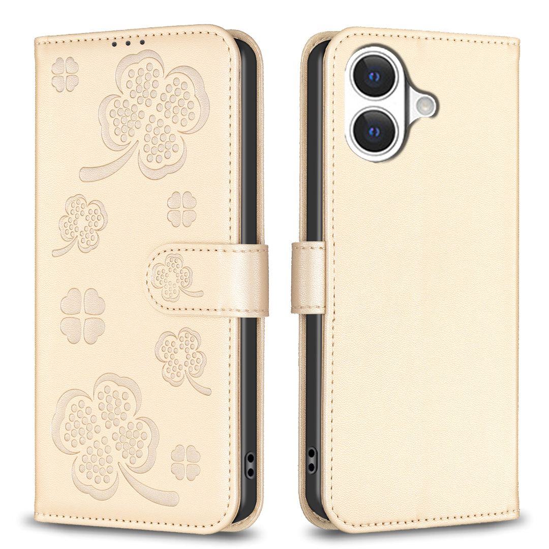 For iPhone 17 Case Clover Pattern Wallet Stand View Leather Phone Cover - Gold