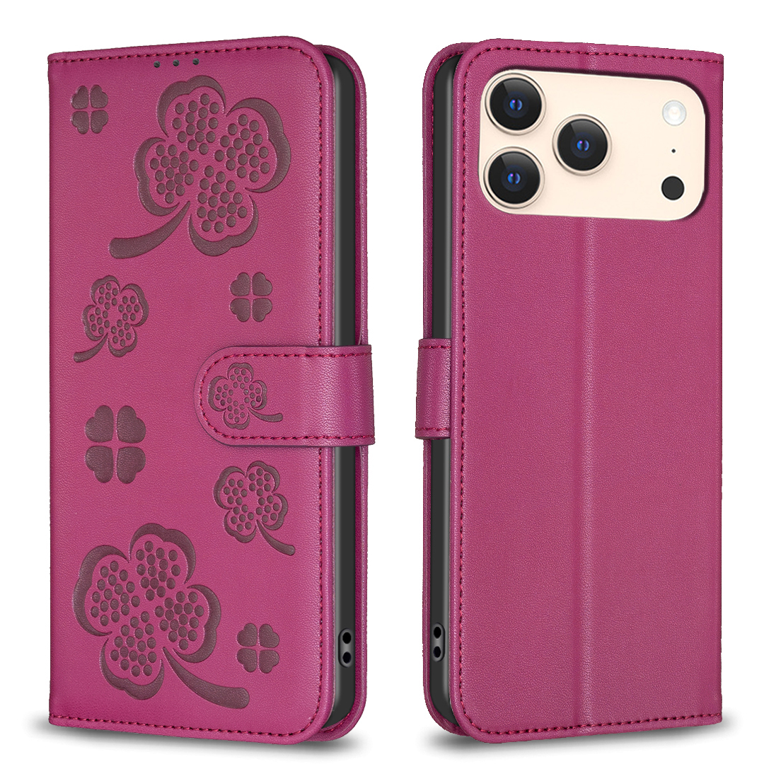 For iPhone 17 Pro Max Case Clover Pattern Wallet Stand View Leather Phone Cover - Rose