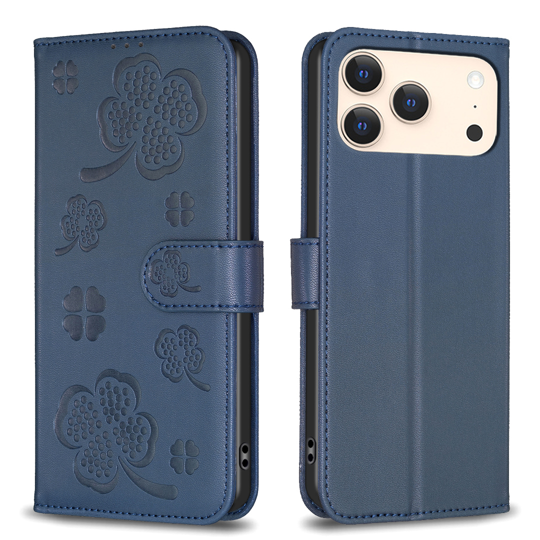 For iPhone 17 Pro Max Case Clover Pattern Wallet Stand View Leather Phone Cover - Blue