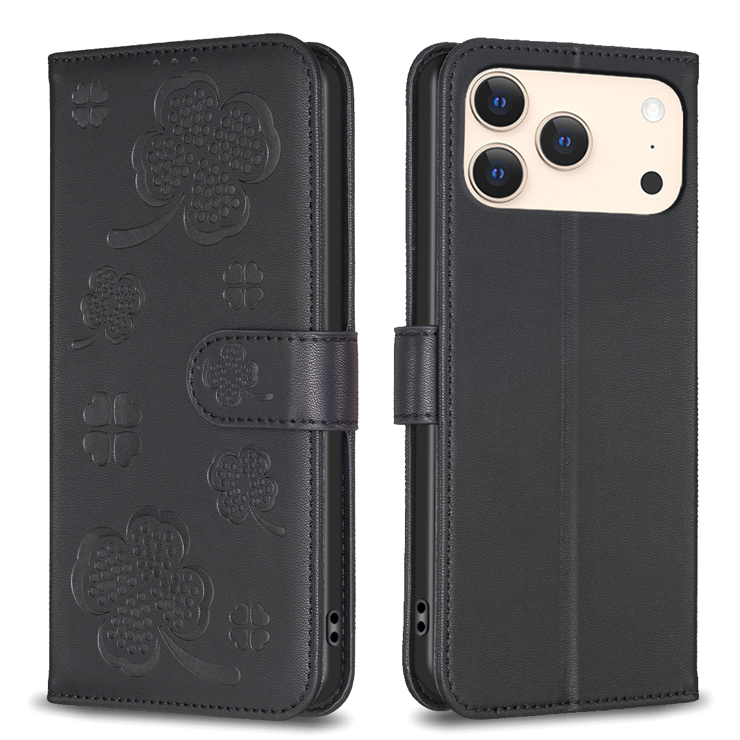For iPhone 17 Pro Max Case Clover Pattern Wallet Stand View Leather Phone Cover - Black