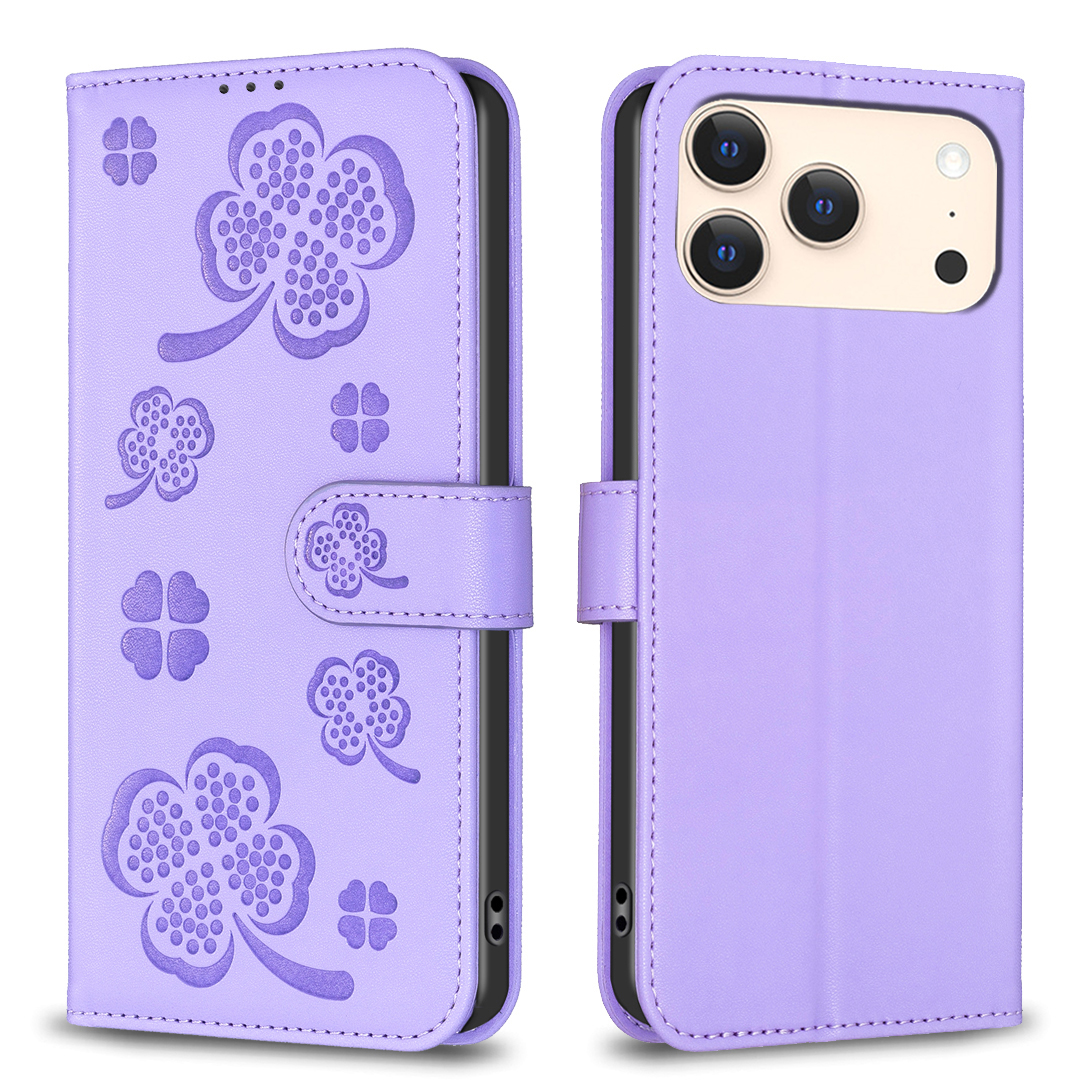 For iPhone 17 Pro Max Case Clover Pattern Wallet Stand View Leather Phone Cover - Purple