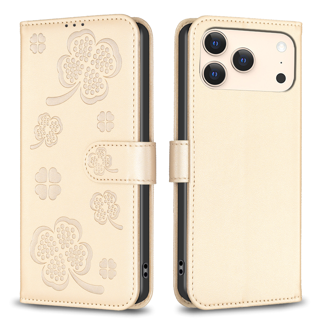 For iPhone 17 Pro Max Case Clover Pattern Wallet Stand View Leather Phone Cover - Gold