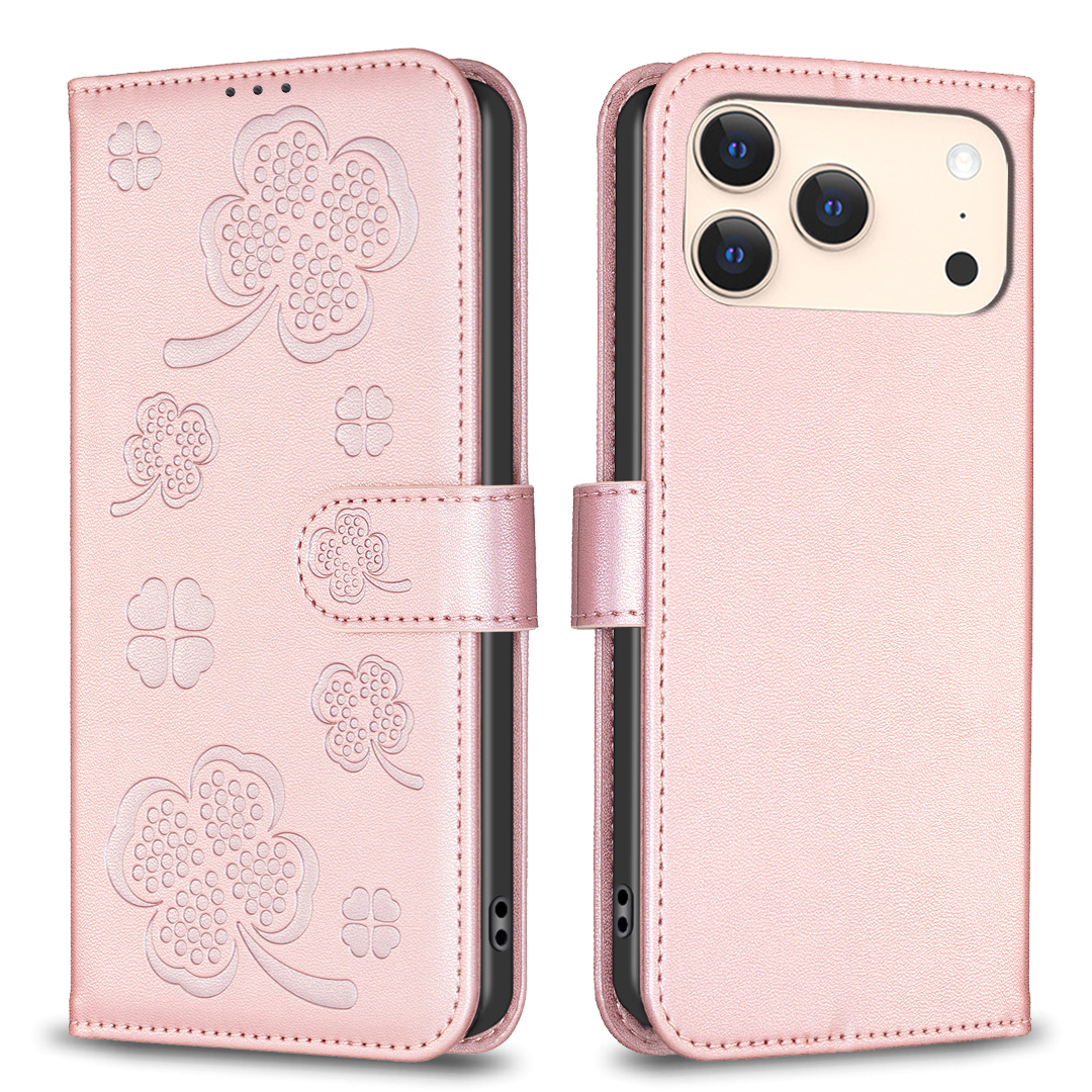 For iPhone 17 Pro Max Case Clover Pattern Wallet Stand View Leather Phone Cover - Pink