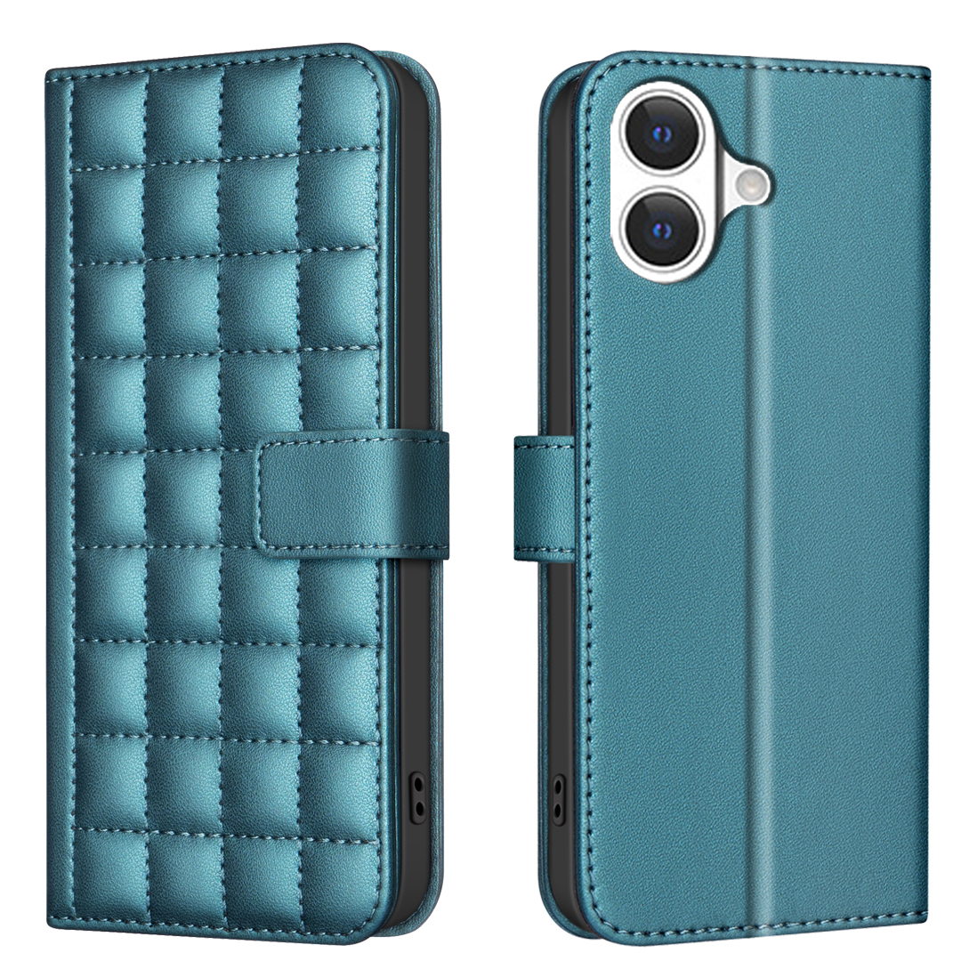 For iPhone 17 Leather Case BINFEN COLOR Square Grid Wallet Stand Phone Cover - Blue