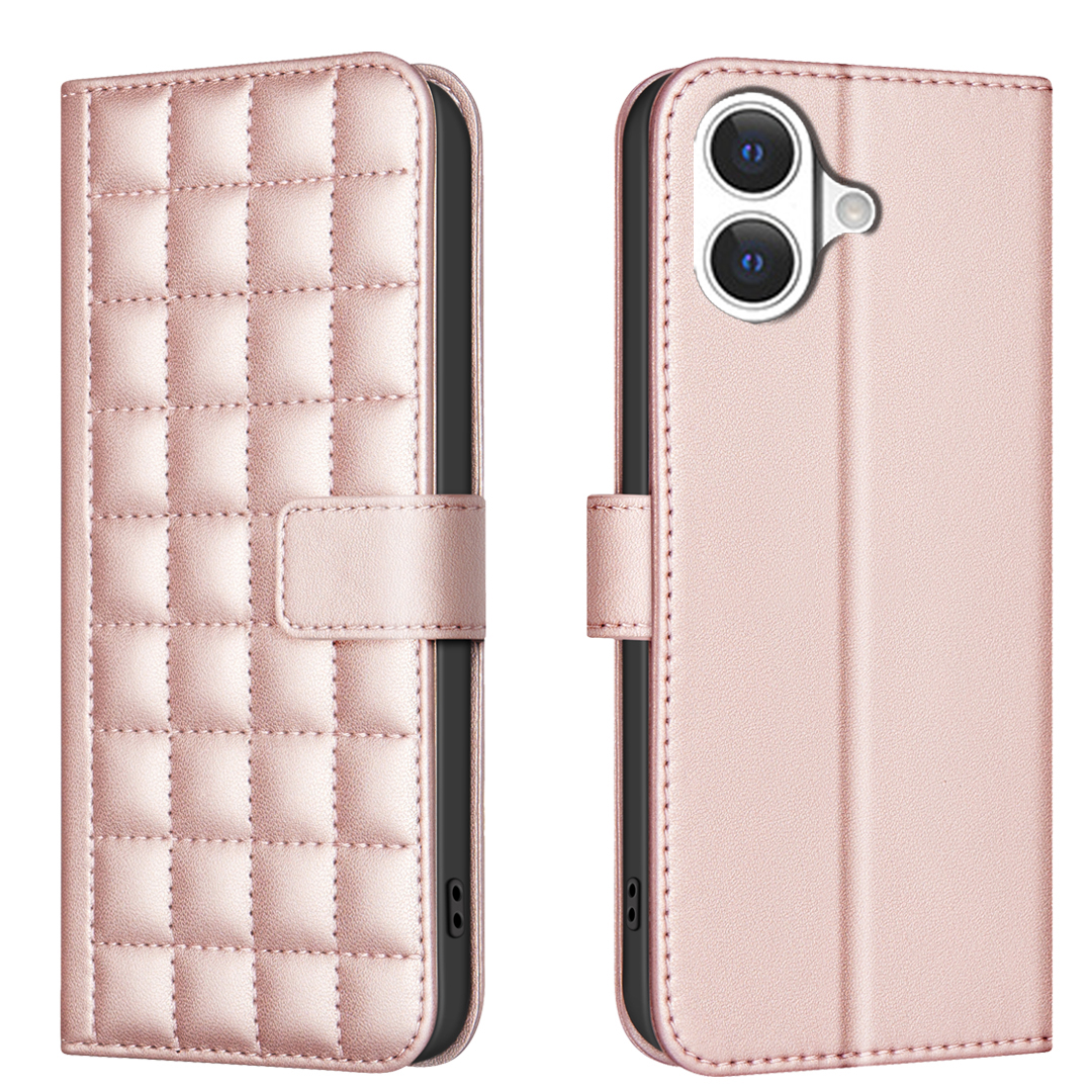 For iPhone 17 Leather Case BINFEN COLOR Square Grid Wallet Stand Phone Cover - Rose Gold