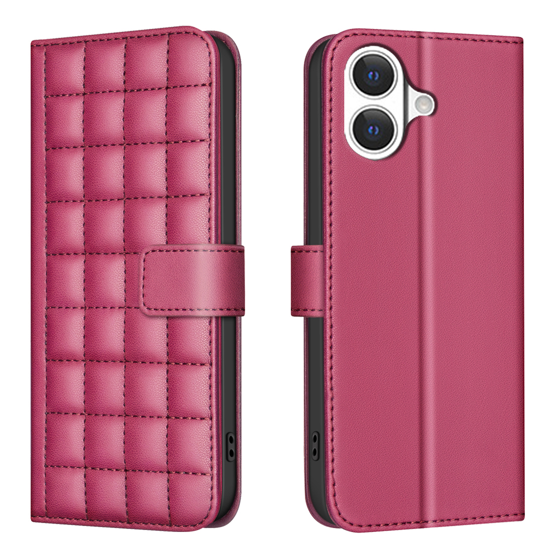 For iPhone 17 Leather Case BINFEN COLOR Square Grid Wallet Stand Phone Cover - Red