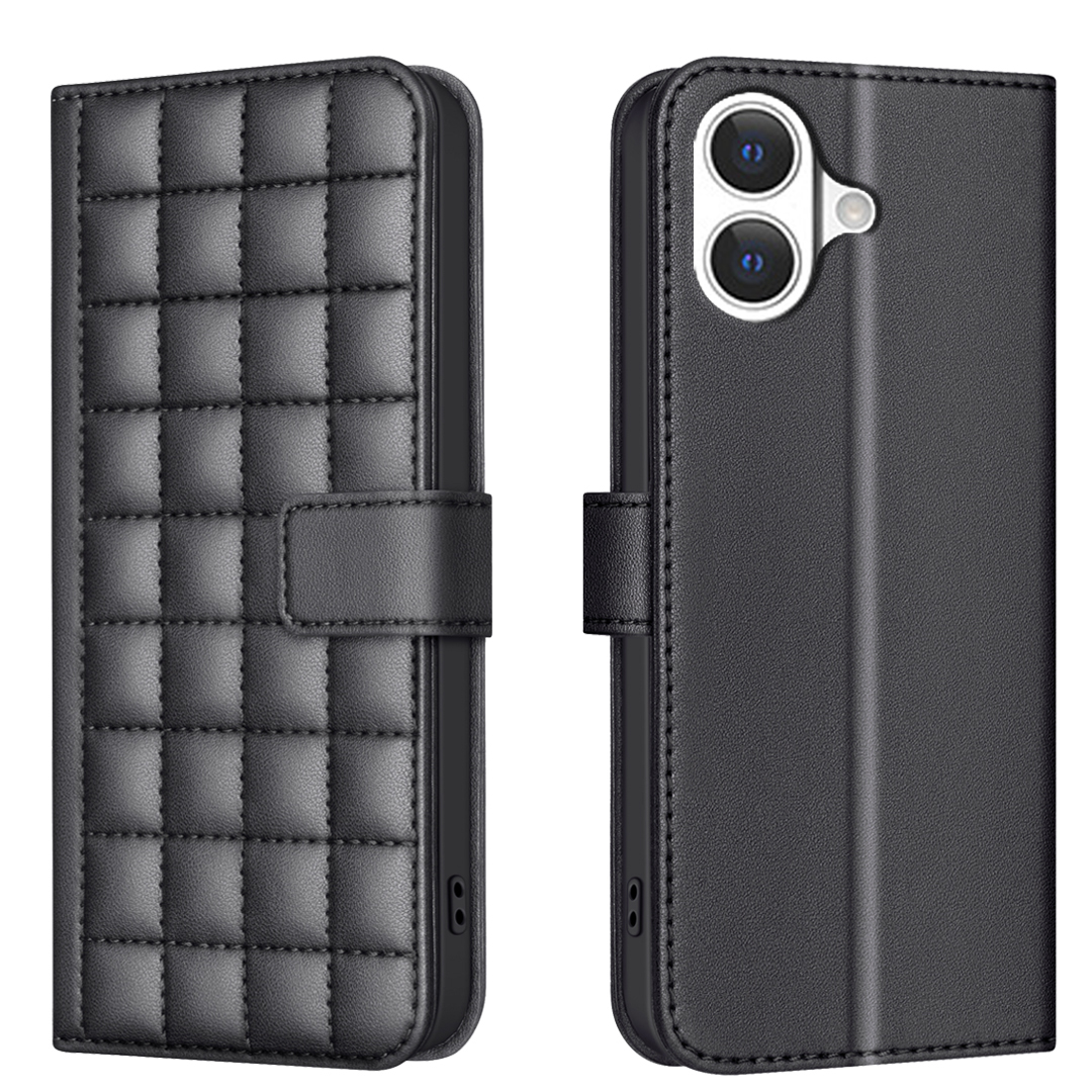 For iPhone 17 Leather Case BINFEN COLOR Square Grid Wallet Stand Phone Cover - Black