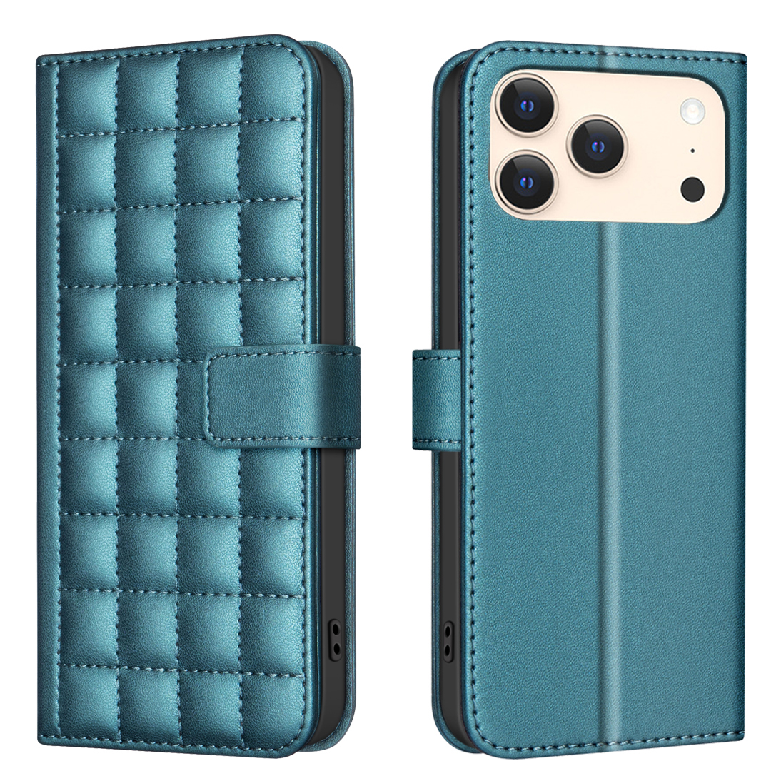 For iPhone 17 Pro Leather Case BINFEN COLOR Square Grid Wallet Stand Phone Cover - Blue