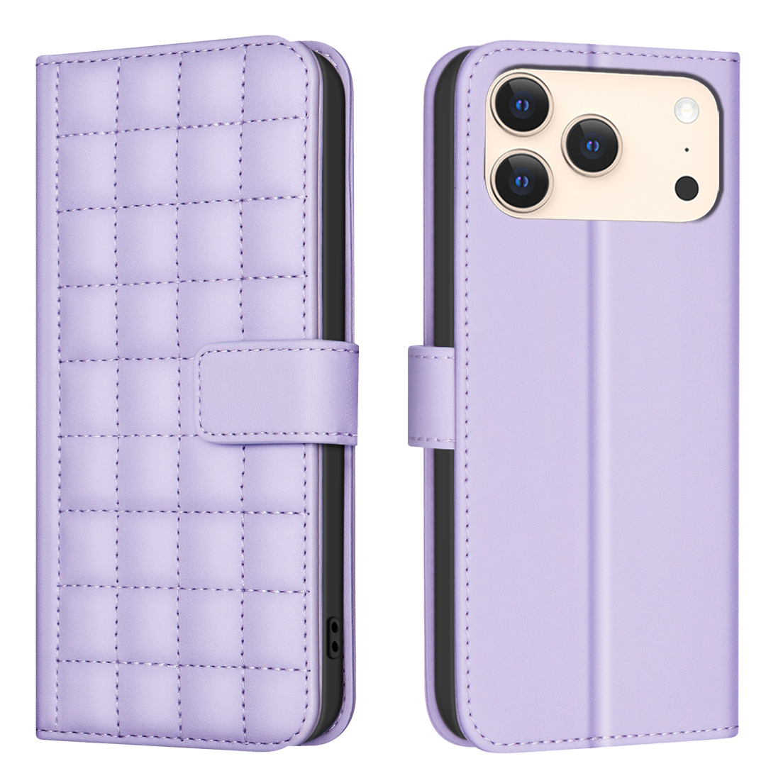 For iPhone 17 Pro Leather Case BINFEN COLOR Square Grid Wallet Stand Phone Cover - Purple