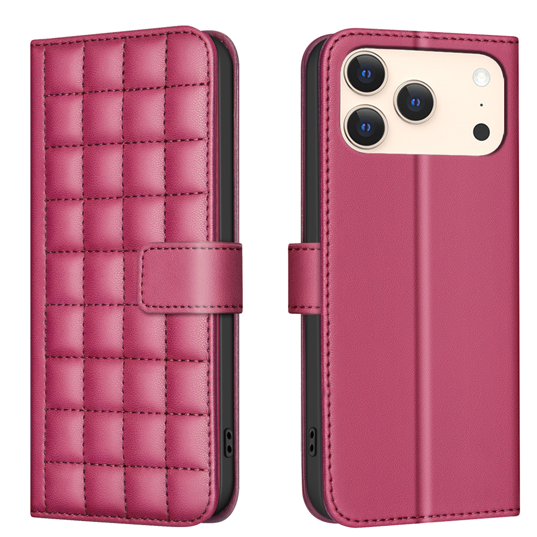 For iPhone 17 Pro Leather Case BINFEN COLOR Square Grid Wallet Stand Phone Cover - Red