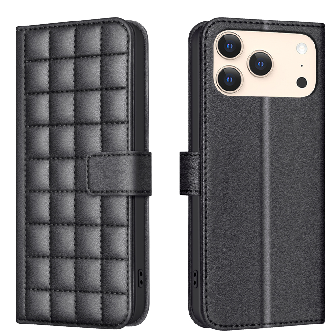 For iPhone 17 Pro Leather Case BINFEN COLOR Square Grid Wallet Stand Phone Cover - Black