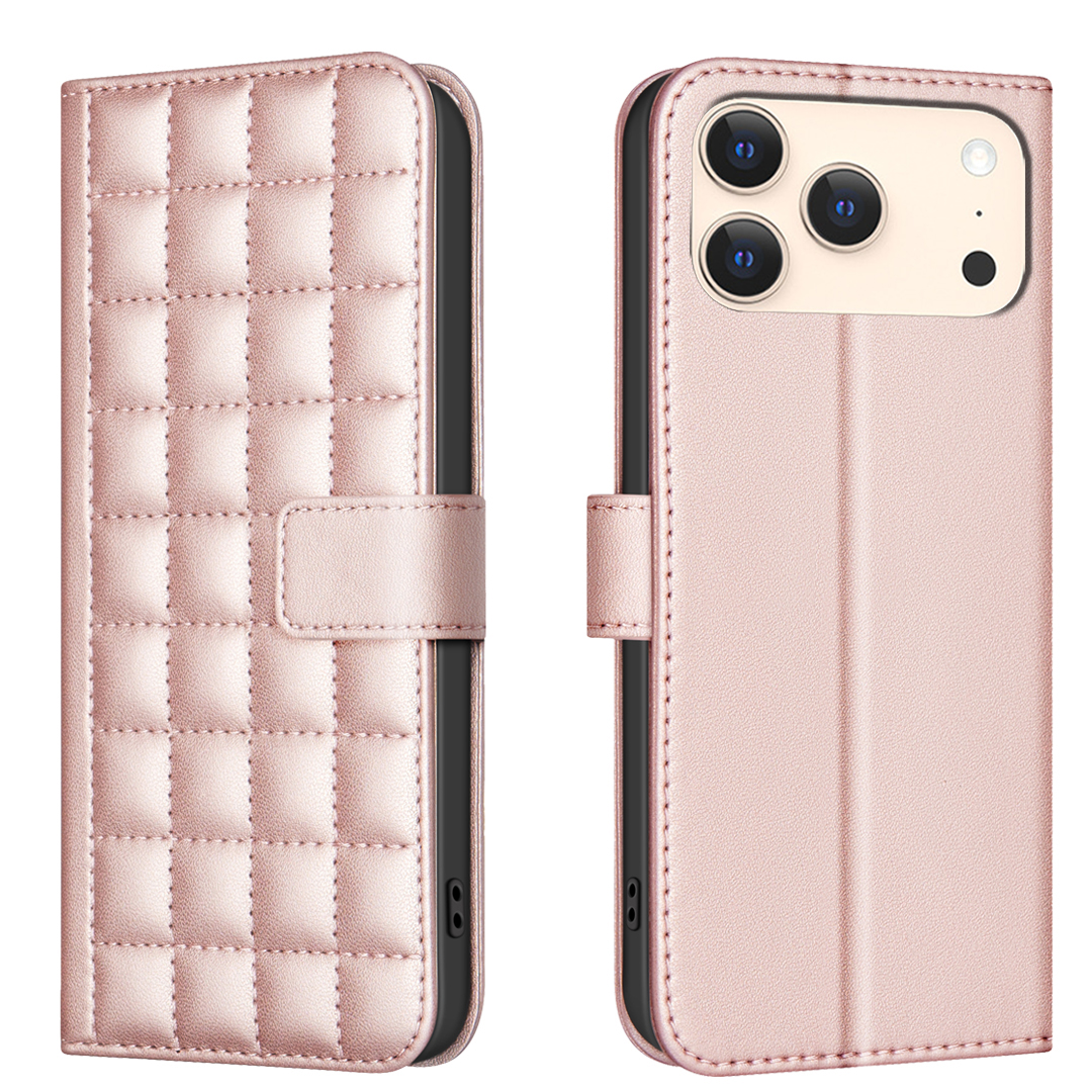 For iPhone 17 Pro Max Leather Case BINFEN COLOR Square Grid Wallet Stand Phone Cover - Rose Gold