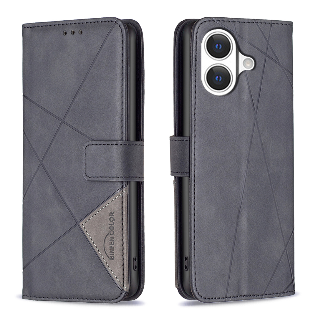 For iPhone 17 Phone Case BINFEN COLOR Wallet Stand Geometry Imprinted Leather Cover - Black