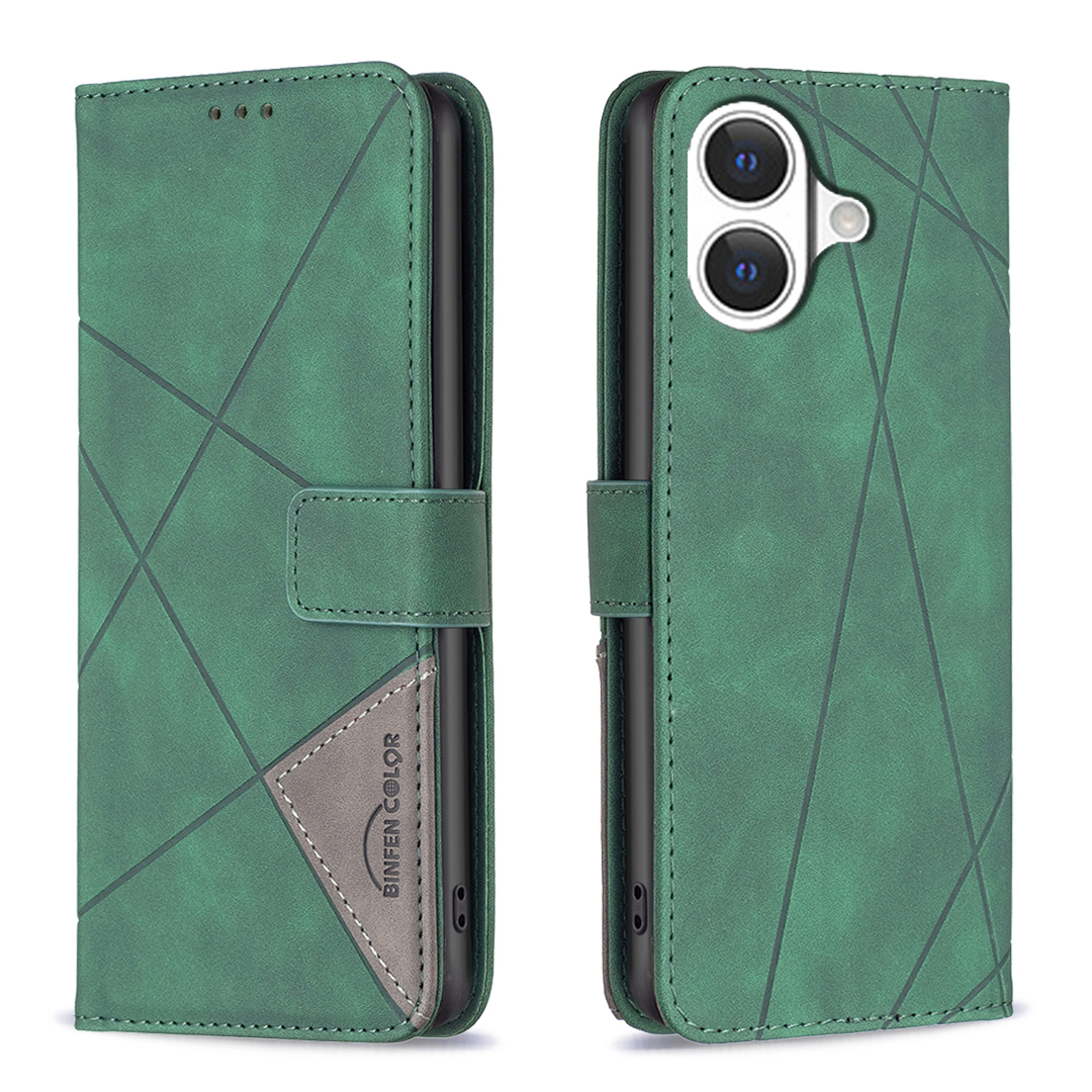 For iPhone 17 Phone Case BINFEN COLOR Wallet Stand Geometry Imprinted Leather Cover - Green