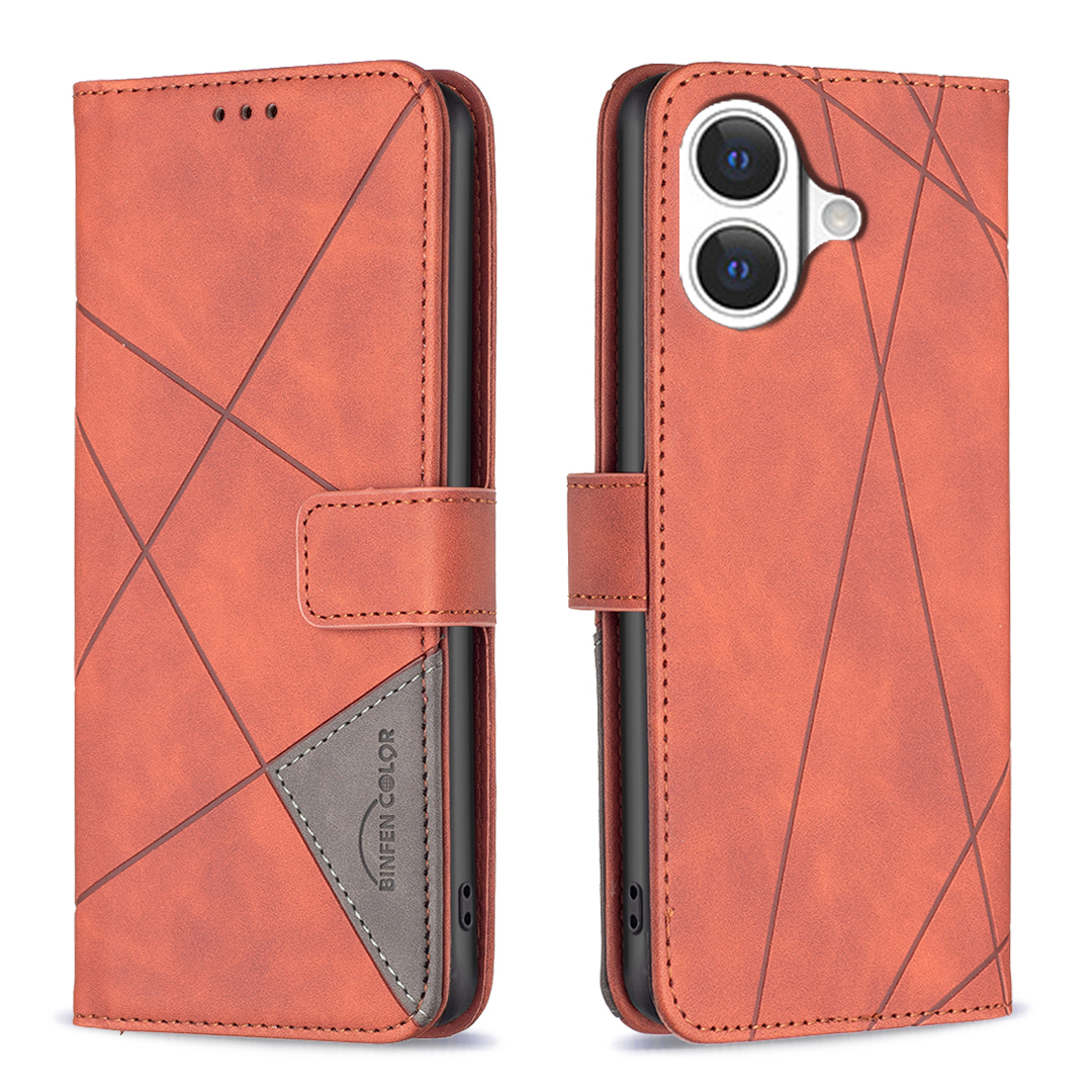 For iPhone 17 Phone Case BINFEN COLOR Wallet Stand Geometry Imprinted Leather Cover - Brown