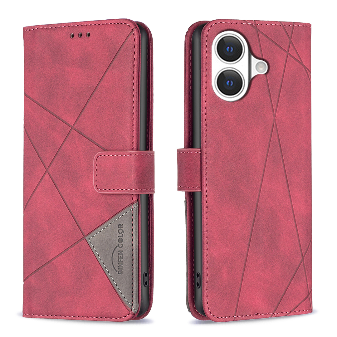 For iPhone 17 Phone Case BINFEN COLOR Wallet Stand Geometry Imprinted Leather Cover - Red