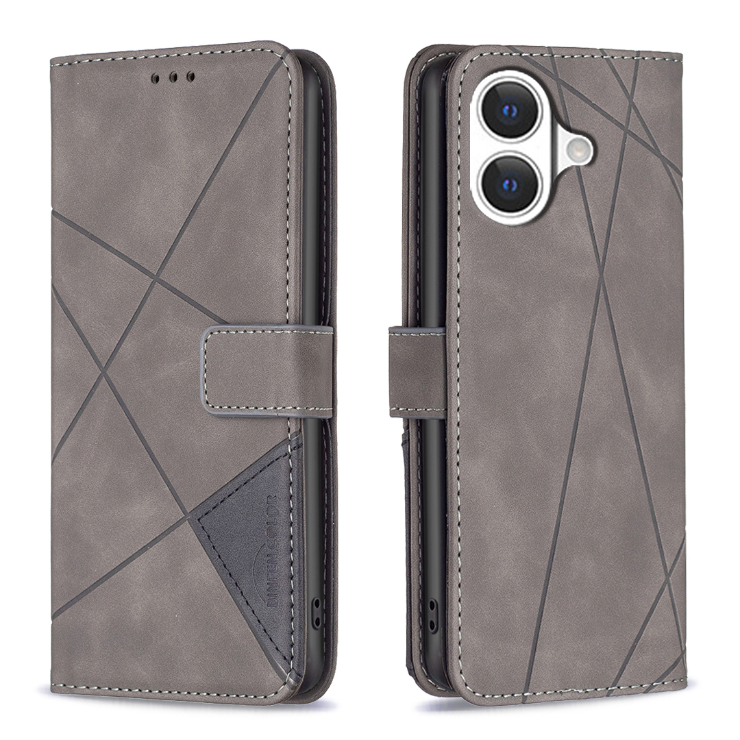 For iPhone 17 Phone Case BINFEN COLOR Wallet Stand Geometry Imprinted Leather Cover - Grey
