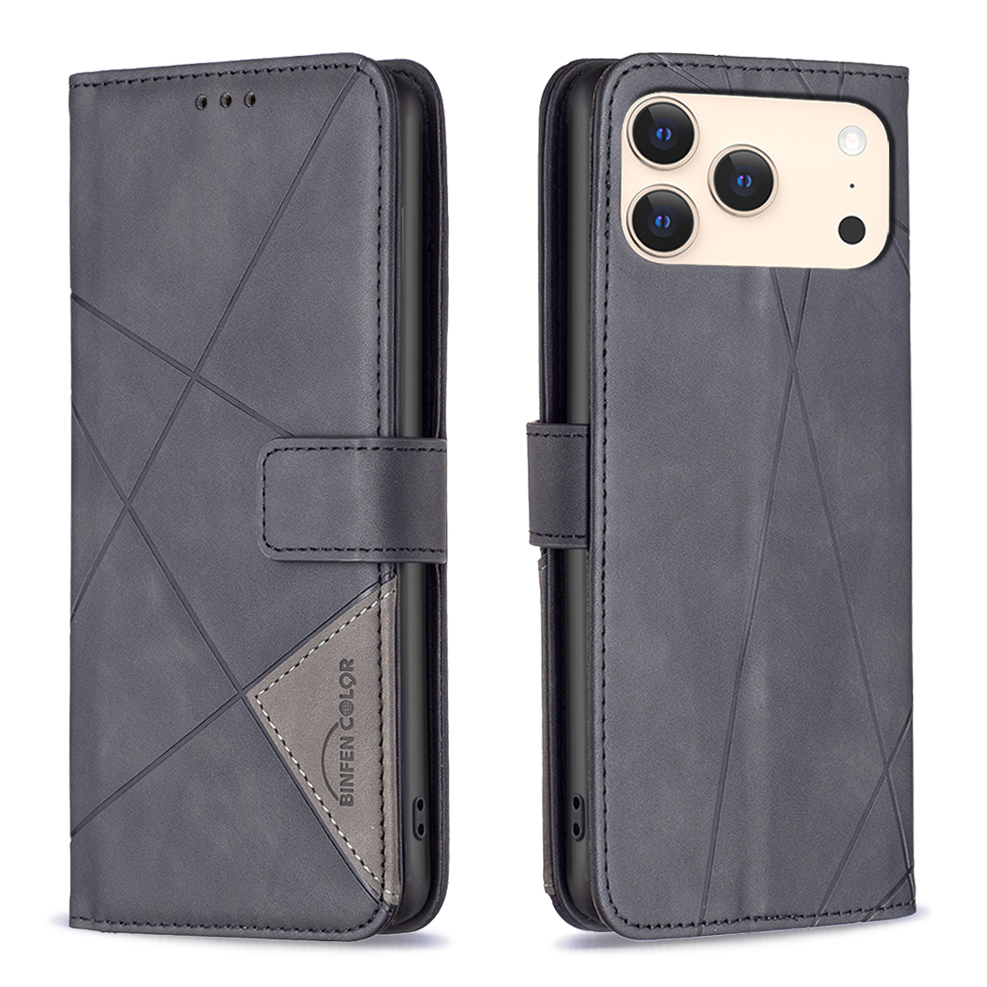 For iPhone 17 Pro Phone Case BINFEN COLOR Wallet Stand Geometry Imprinted Leather Cover - Black