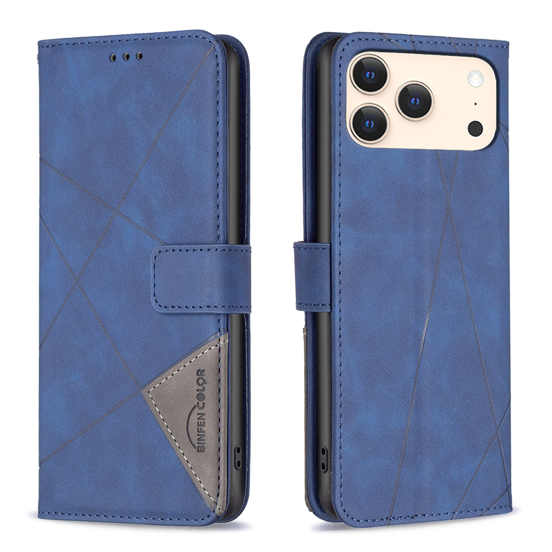 For iPhone 17 Pro Phone Case BINFEN COLOR Wallet Stand Geometry Imprinted Leather Cover - Blue