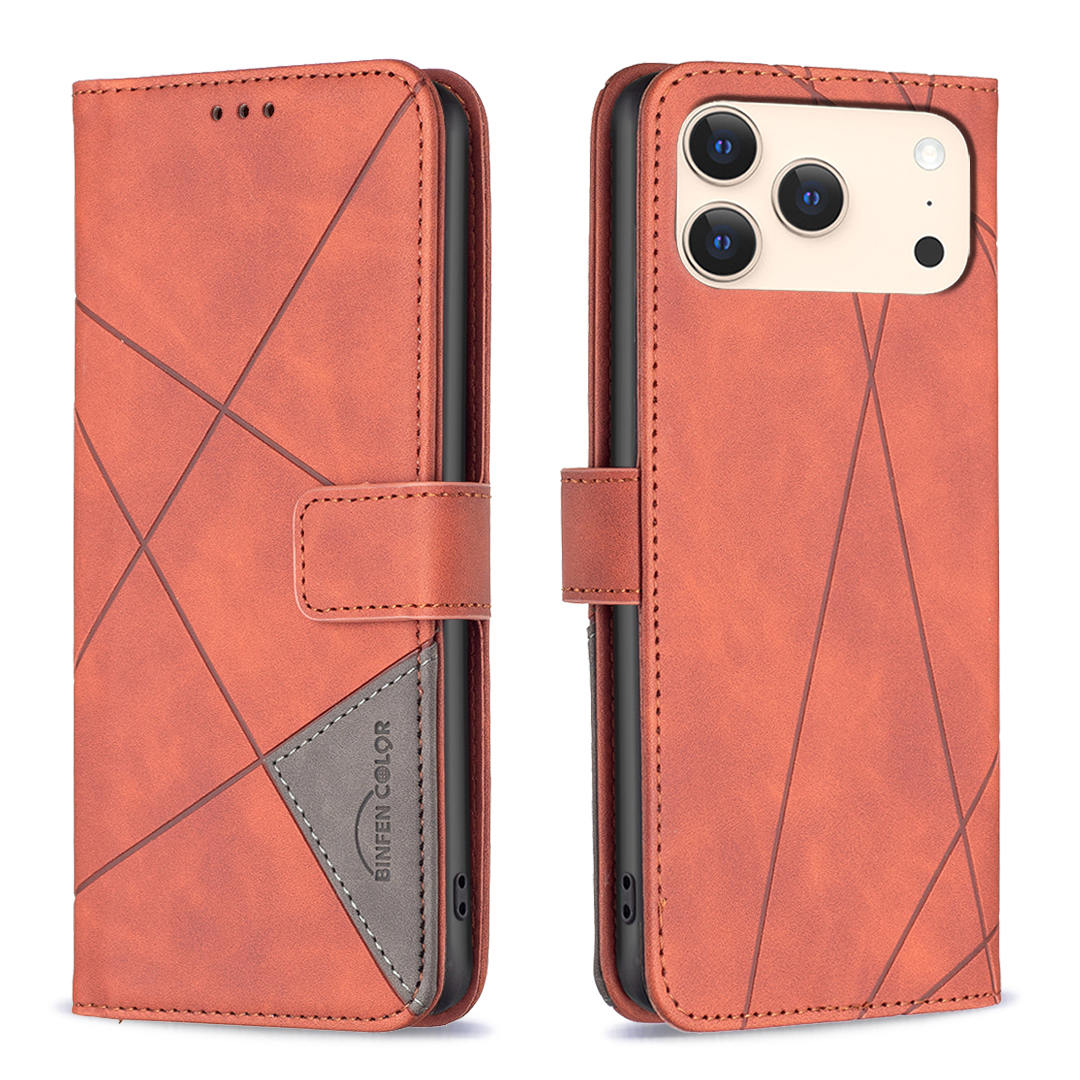 For iPhone 17 Pro Phone Case BINFEN COLOR Wallet Stand Geometry Imprinted Leather Cover - Brown