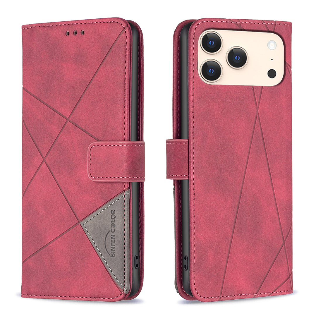 For iPhone 17 Pro Phone Case BINFEN COLOR Wallet Stand Geometry Imprinted Leather Cover - Red