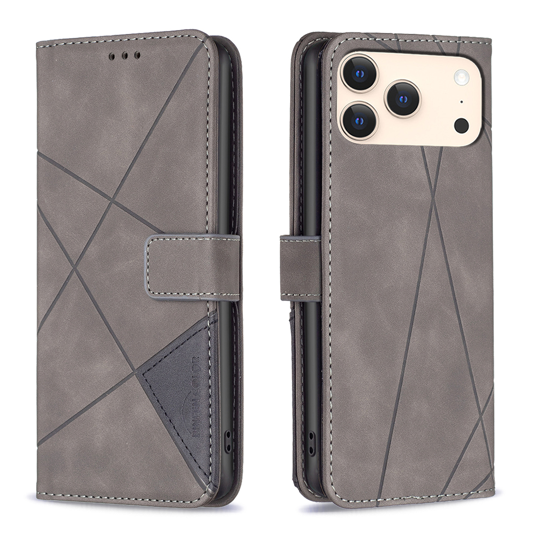 For iPhone 17 Pro Phone Case BINFEN COLOR Wallet Stand Geometry Imprinted Leather Cover - Grey