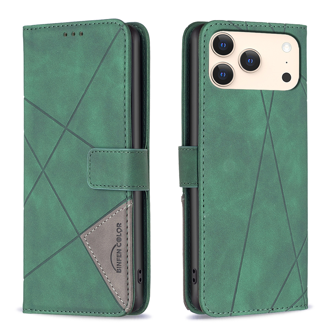 For iPhone 17 Pro Max Phone Case BINFEN COLOR Wallet Stand Geometry Imprinted Leather Cover - Green