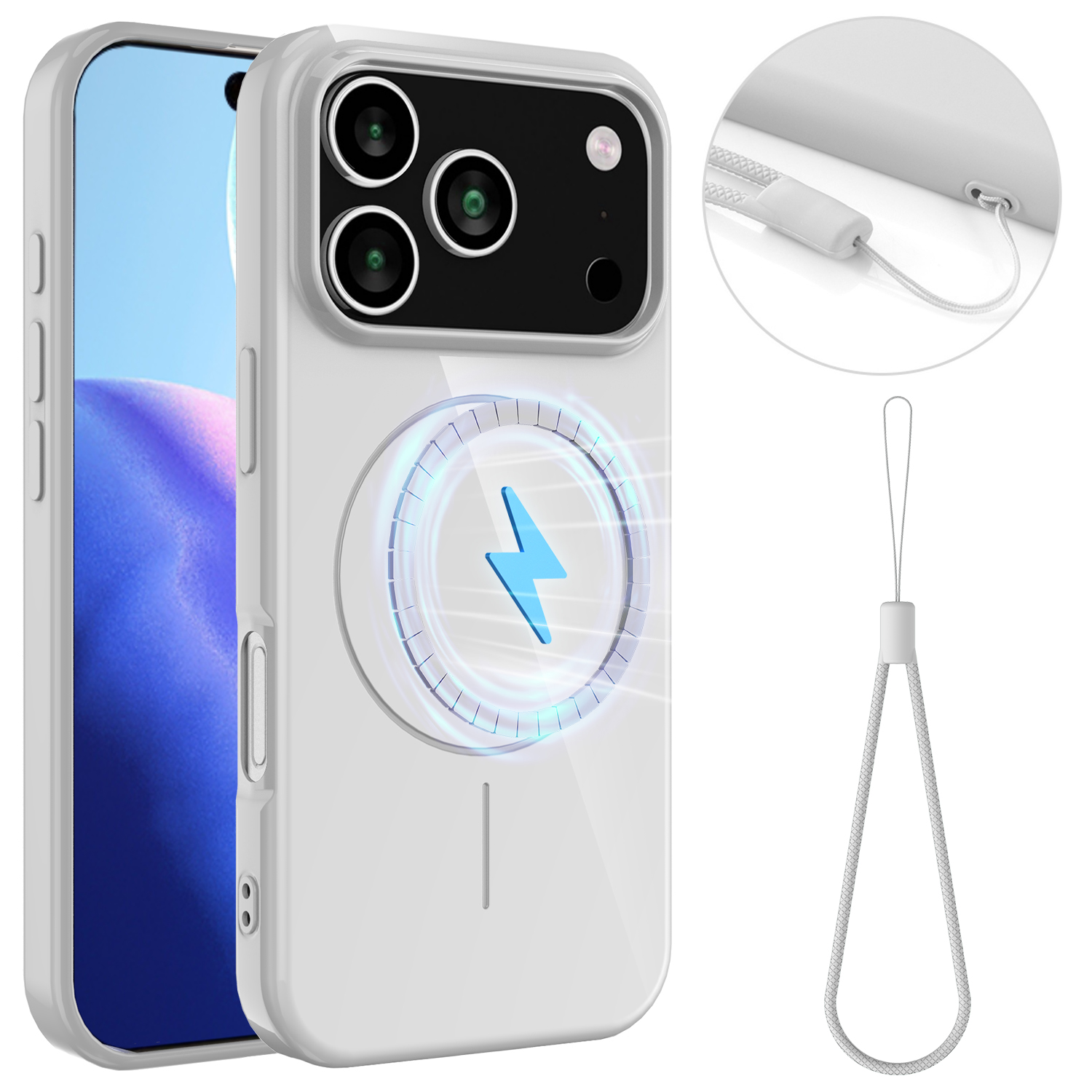 For iPhone 17 Pro Max Magnetic Case Compatible with MagSafe TPU Phone Back Cover with Lanyard - White