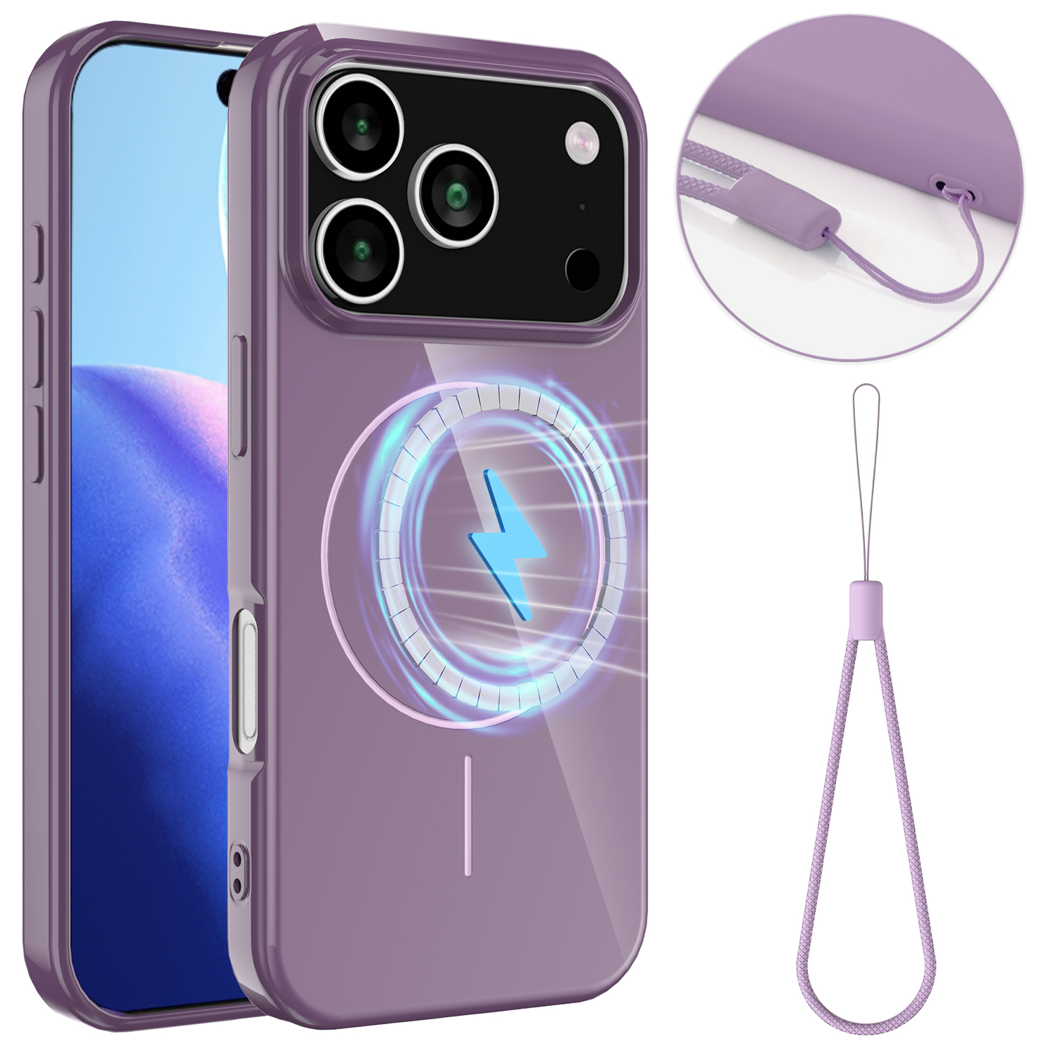 For iPhone 17 Pro Magnetic Case Compatible with MagSafe TPU Phone Back Cover with Lanyard - Purple