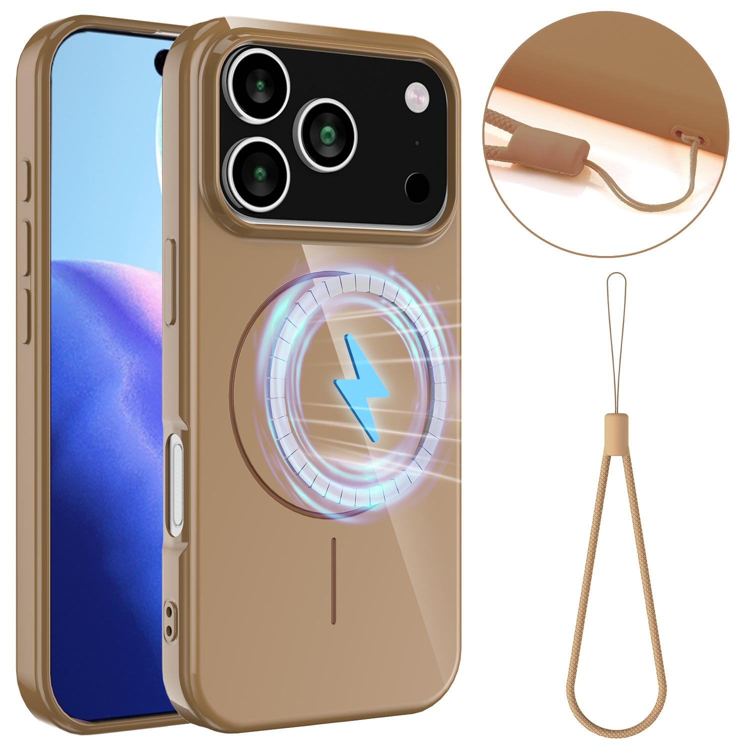 For iPhone 17 Pro Magnetic Case Compatible with MagSafe TPU Phone Back Cover with Lanyard - Desert Gold
