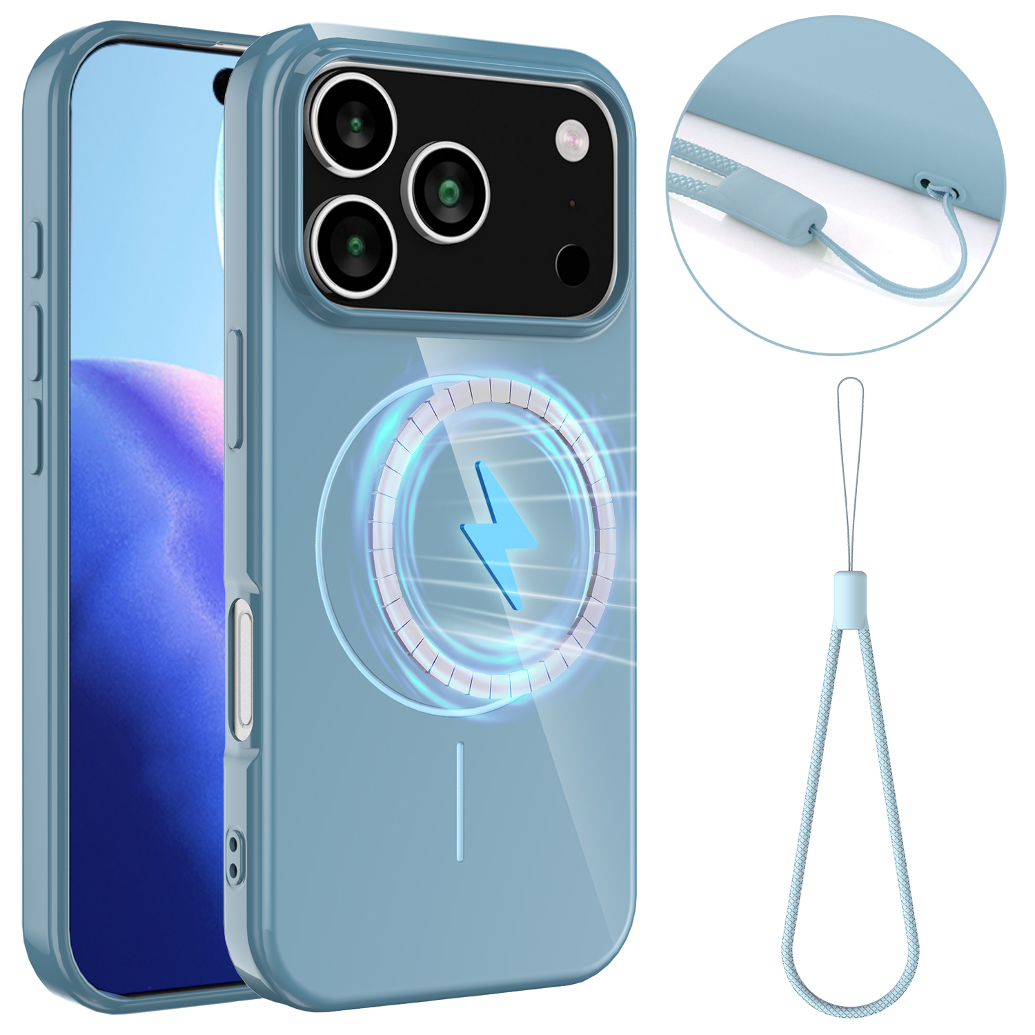 For iPhone 17 Pro Magnetic Case Compatible with MagSafe TPU Phone Back Cover with Lanyard - Blue