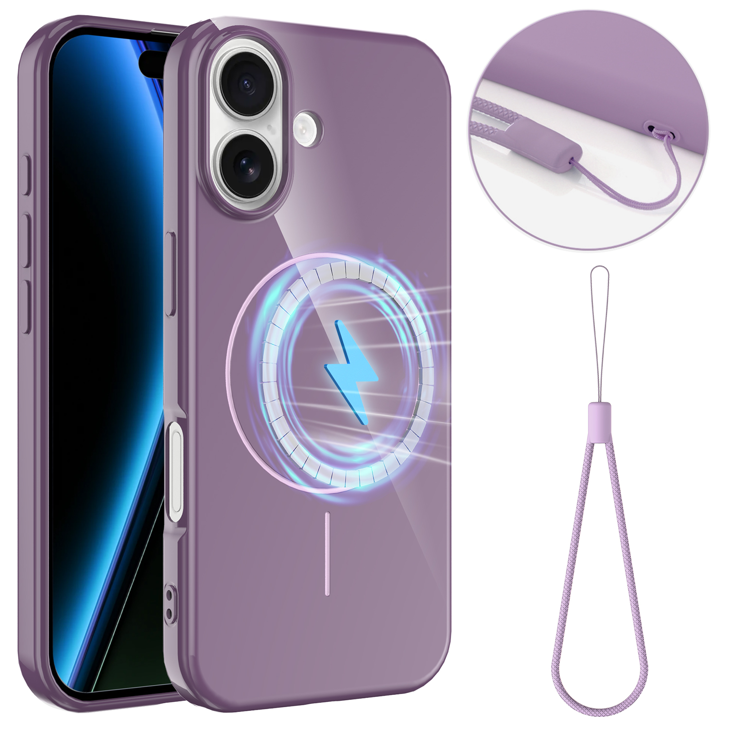 For iPhone 17 Magnetic Case Compatible with MagSafe TPU Phone Back Cover with Lanyard - Purple
