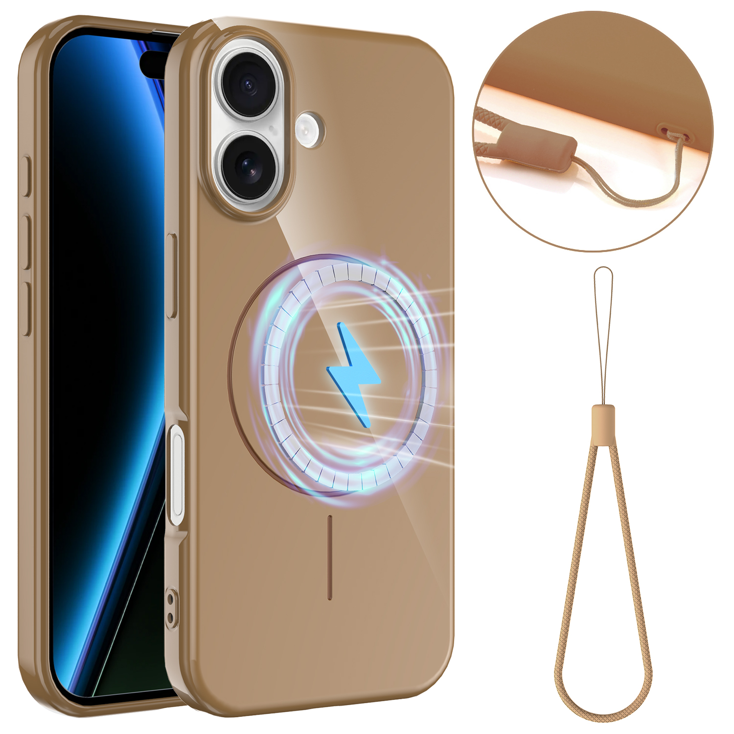 For iPhone 17 Magnetic Case Compatible with MagSafe TPU Phone Back Cover with Lanyard - Desert Gold