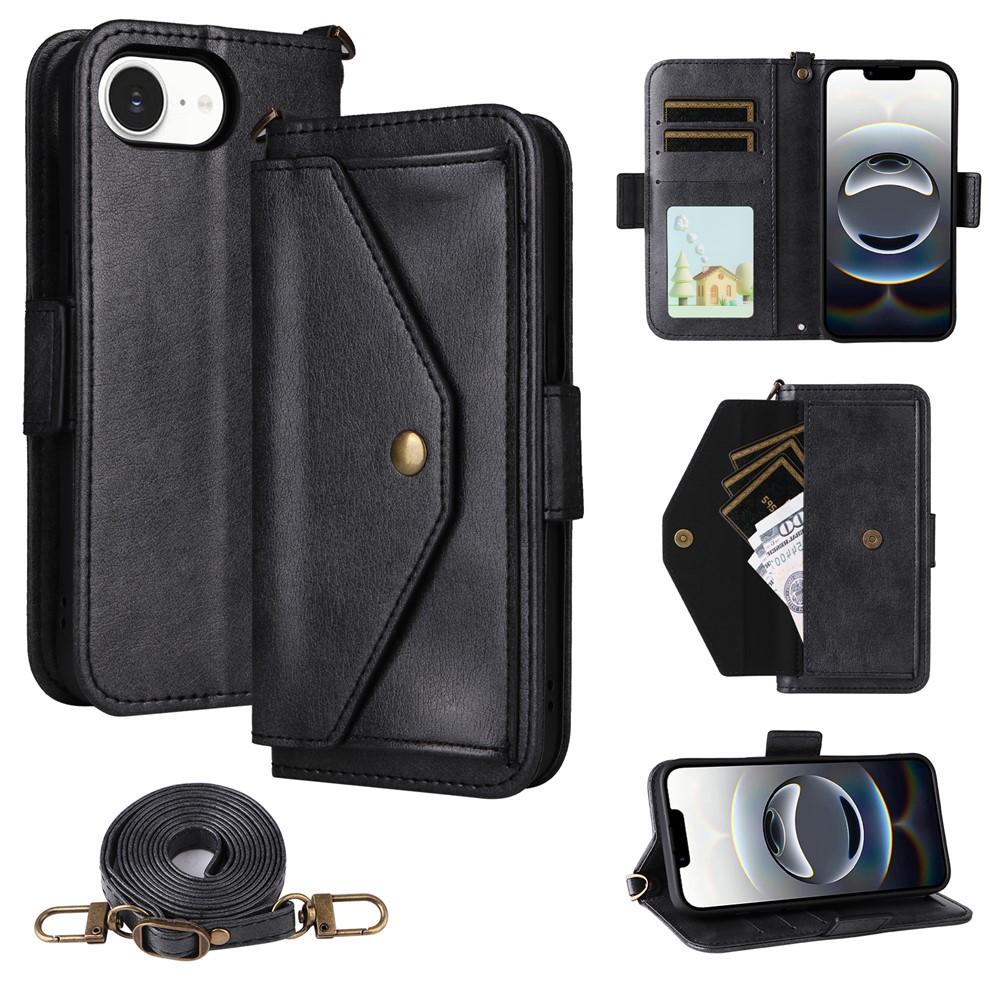 For iPhone 16e Leather Case Magnetic Closure Wallet Stand Phone Cover with Crossbody Strap - Black