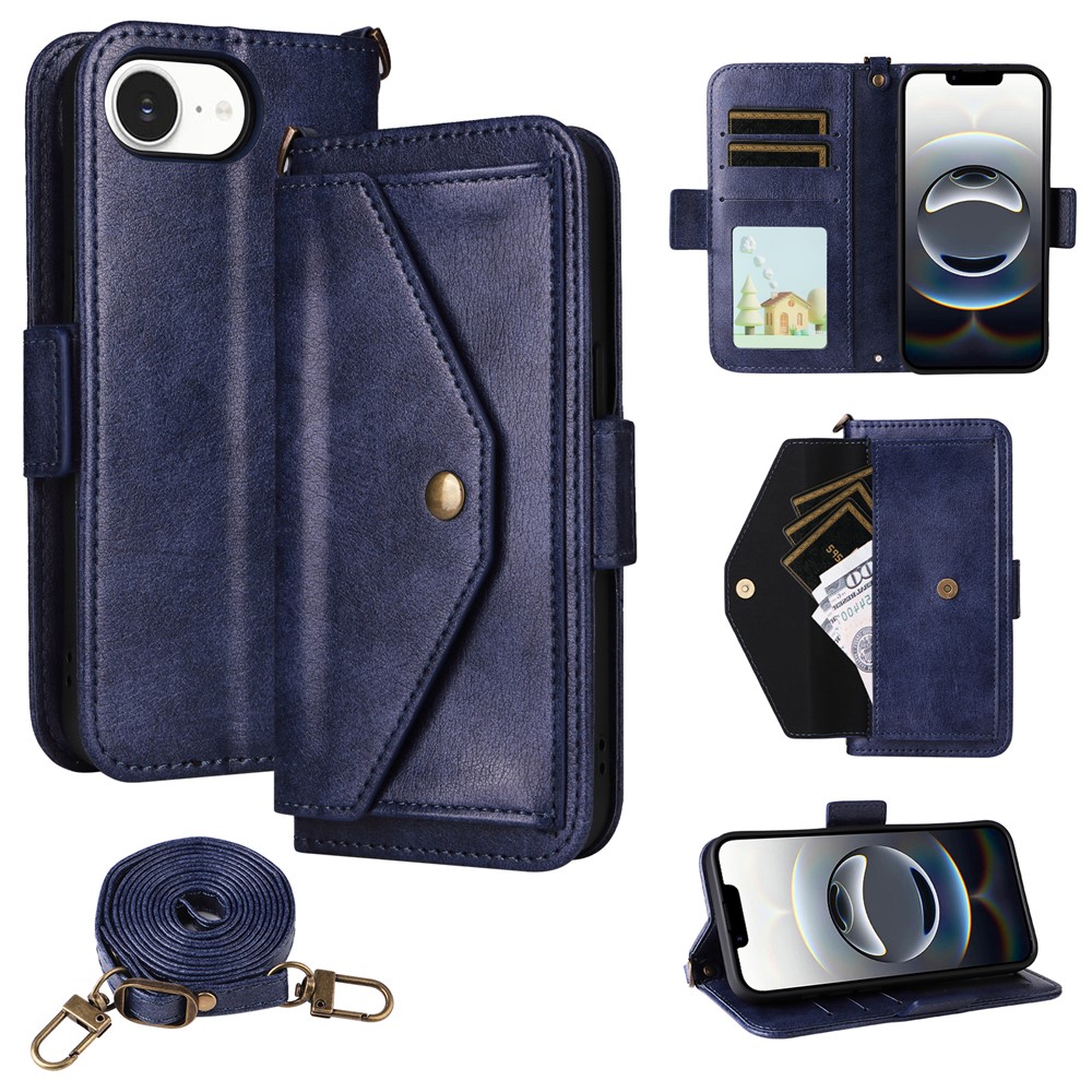 For iPhone 16e Leather Case Magnetic Closure Wallet Stand Phone Cover with Crossbody Strap - Blue